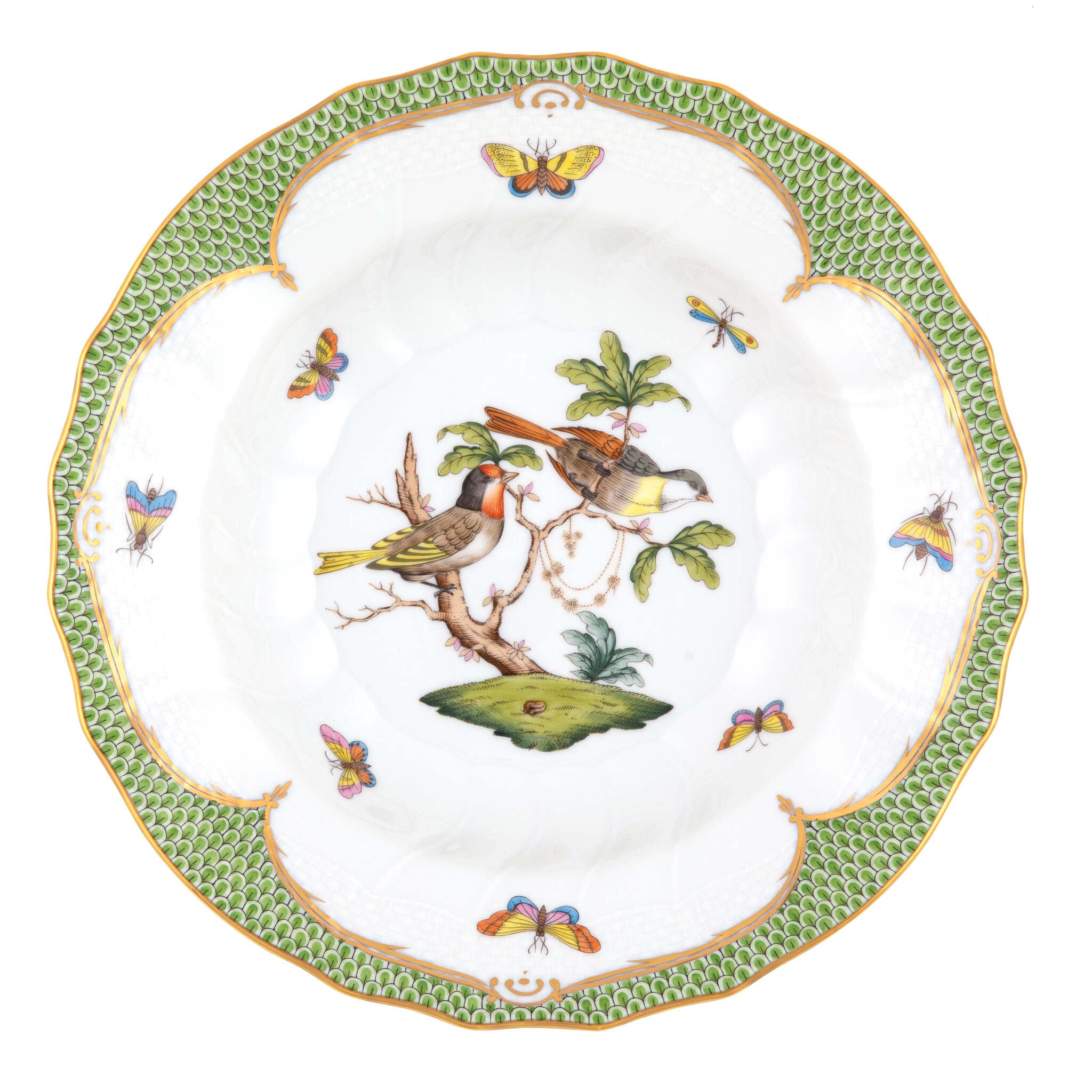 Hand-painted Herend Rothschild Bird Green Border Rim Soup Soup Plates & Rimmed Soup Bowl in fine porcelain, 9.5in D,, Motif 11, on a white background