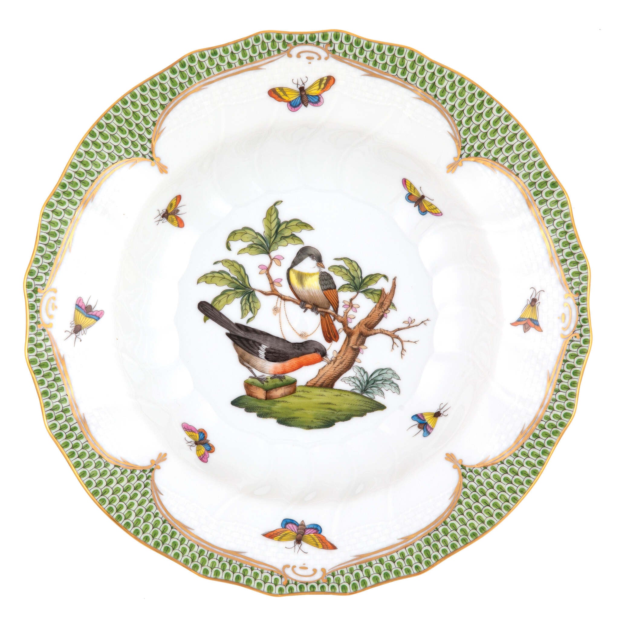 Hand-painted Herend Rothschild Bird Green Border Rim Soup Soup Plates & Rimmed Soup Bowl in fine porcelain, 9.5in D,, Motif 2, on a white background