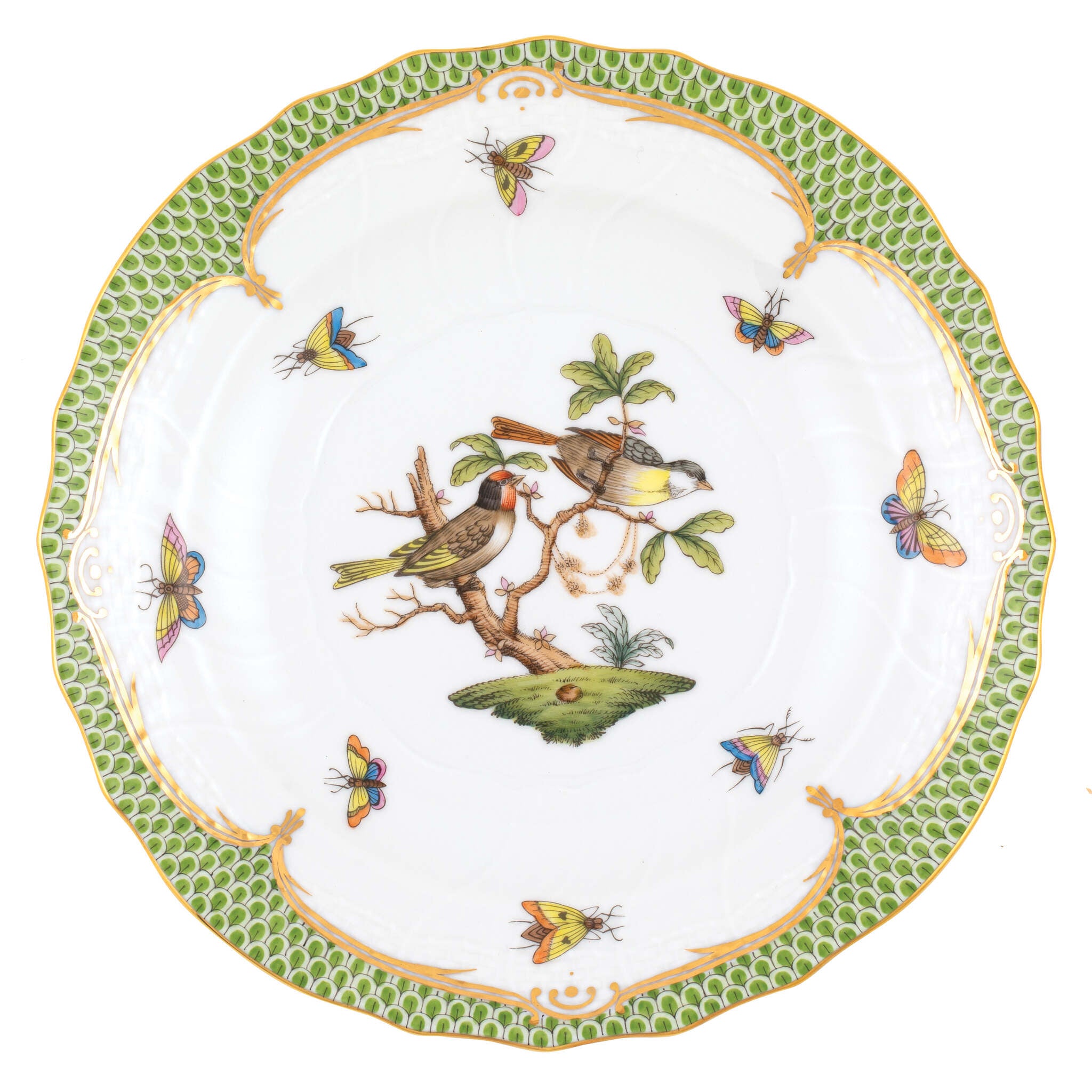 Hand-painted Herend Rothschild Bird Green Border Salad Plate in fine porcelain, 7.5in D,, Motif 11, on a white background