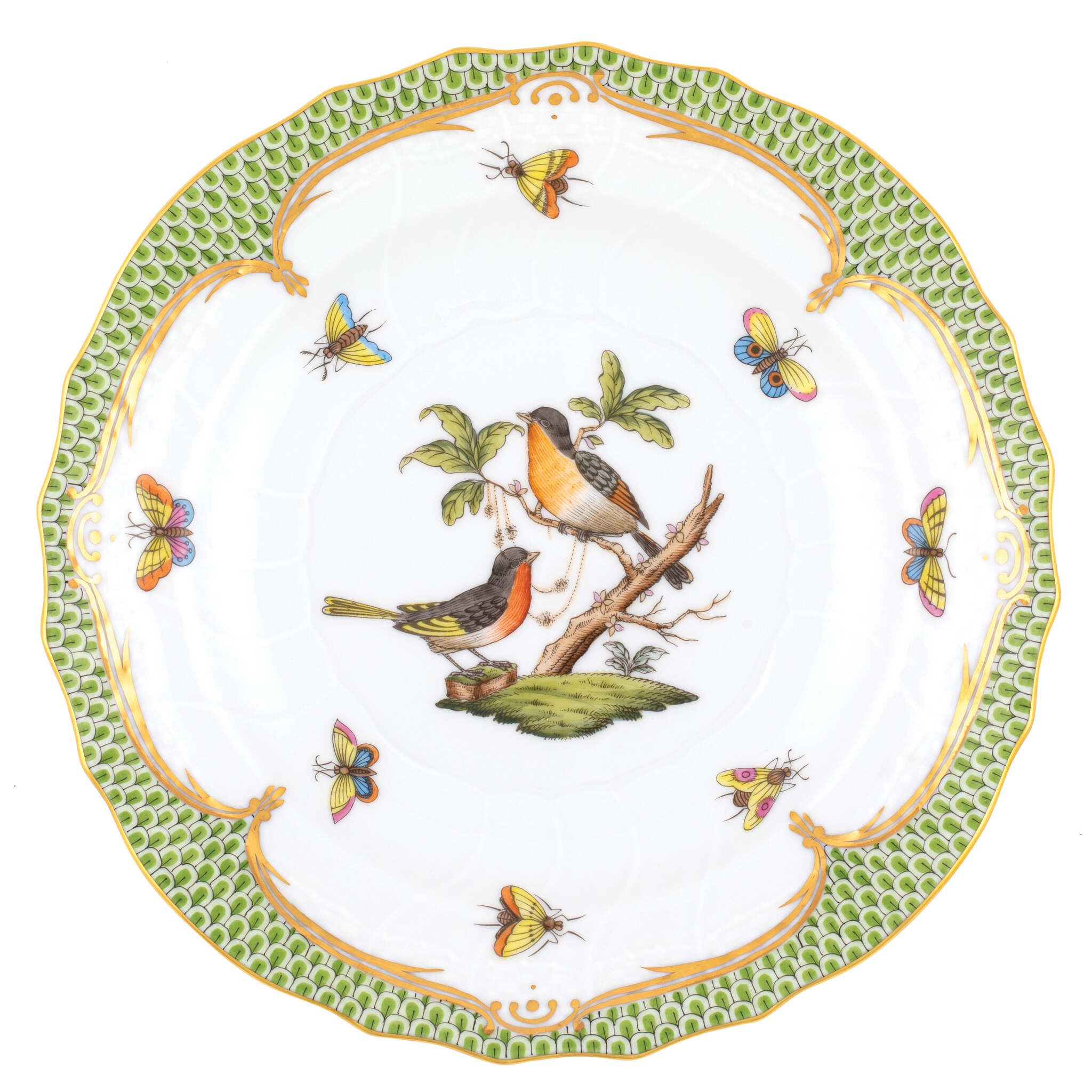 Hand-painted Herend Rothschild Bird Green Border Salad Plate in fine porcelain, 7.5in D,, Motif 8, on a white background