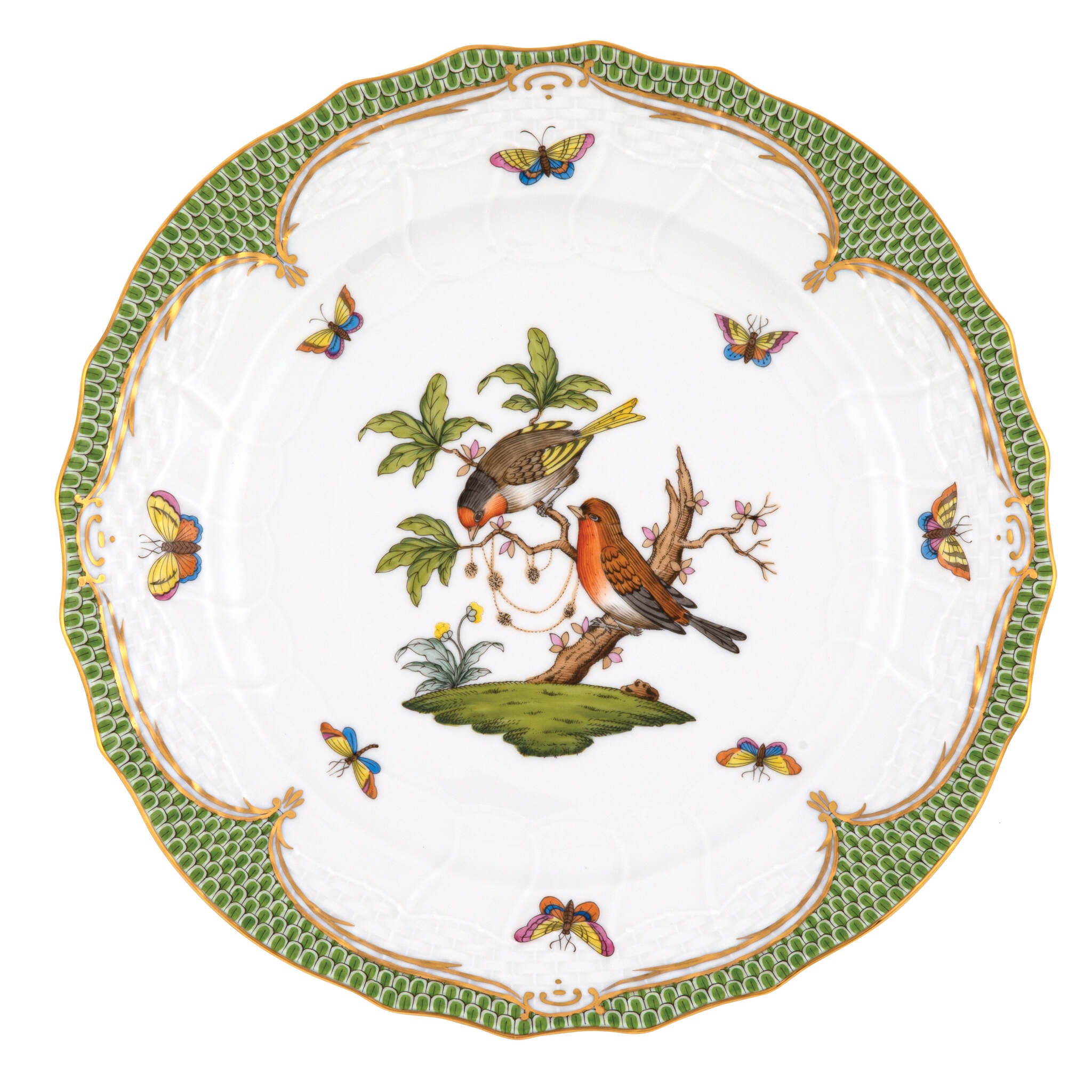 Hand-painted Herend Rothschild Bird Green Border Service Plate in fine porcelain, 11in D,, Motif 10, on a white background
