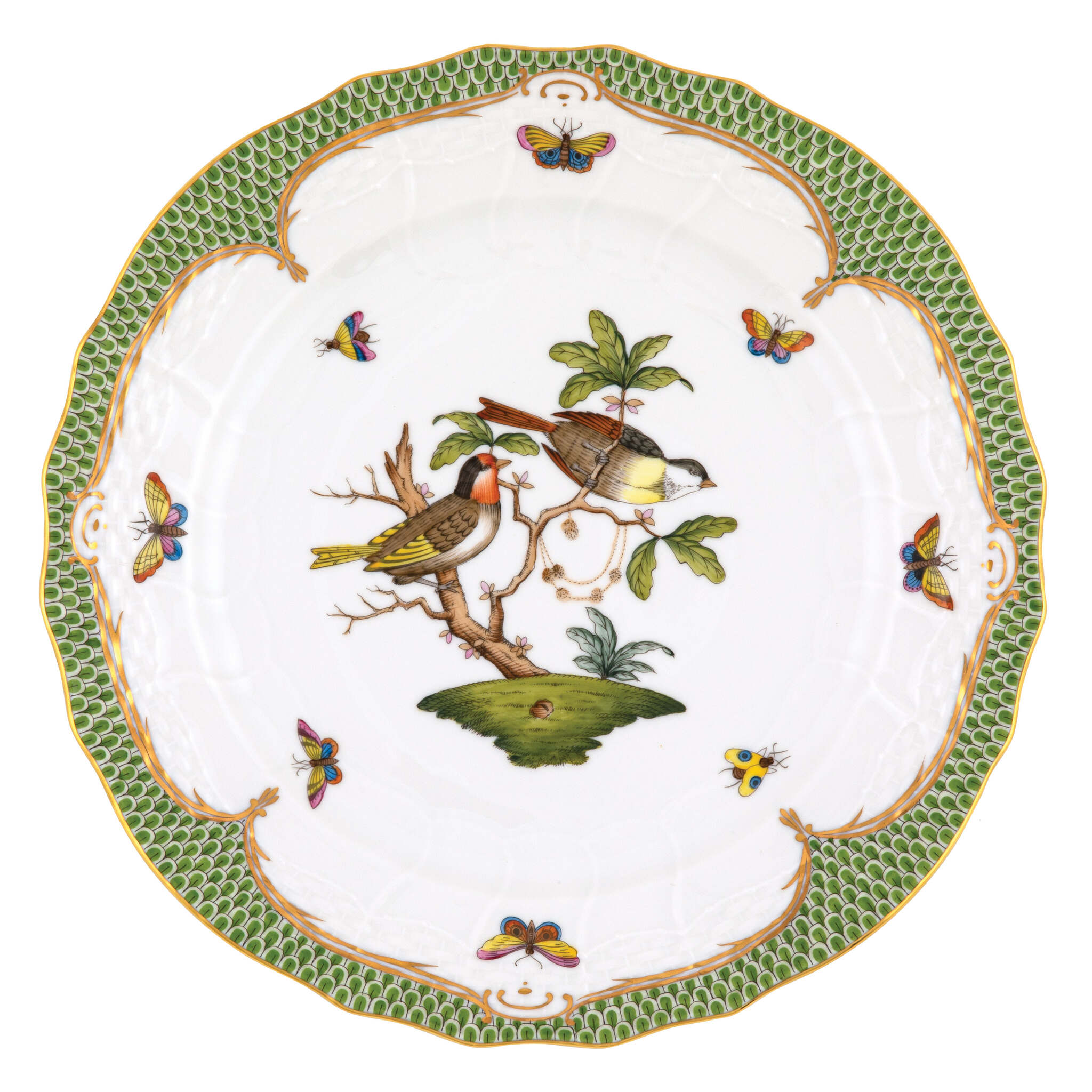Hand-painted Herend Rothschild Bird Green Border Service Plate in fine porcelain, 11in D,, Motif 11, on a white background