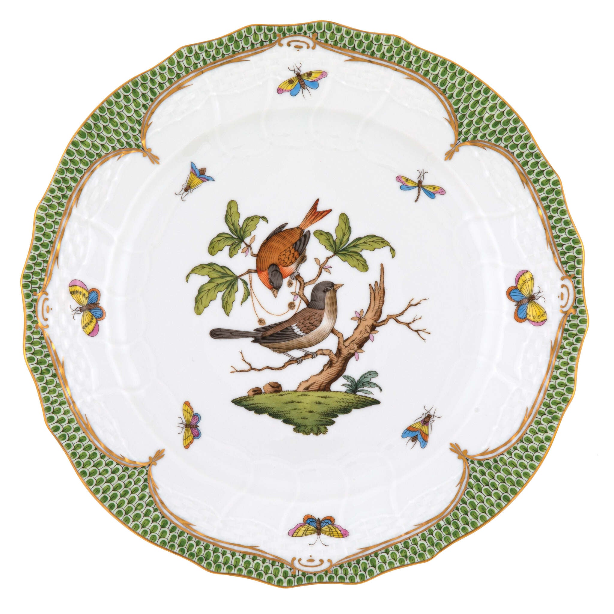 Hand-painted Herend Rothschild Bird Green Border Service Plate in fine porcelain, 11in D,, Motif 4, on a white background