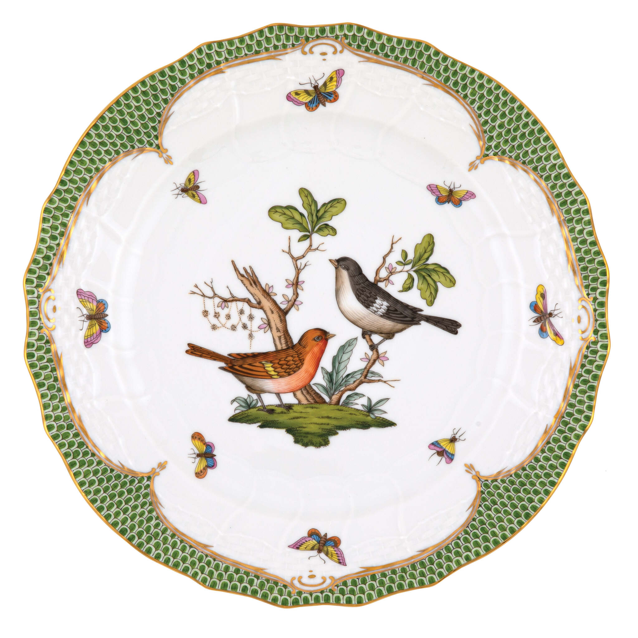 Hand-painted Herend Rothschild Bird Green Border Service Plate in fine porcelain, 11in D,, Motif 5, on a white background