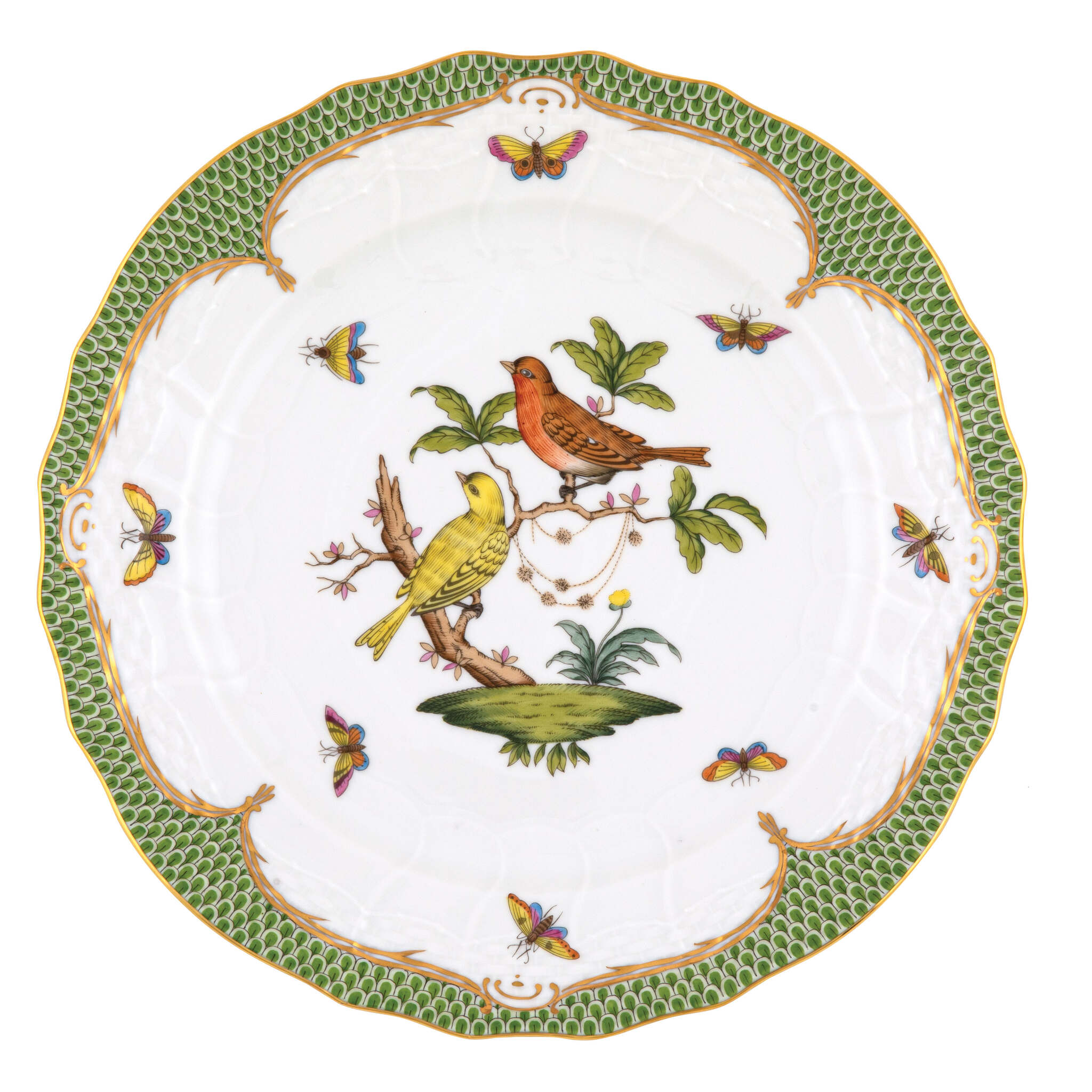 Hand-painted Herend Rothschild Bird Green Border Service Plate in fine porcelain, 11in D,, Motif 6, on a white background