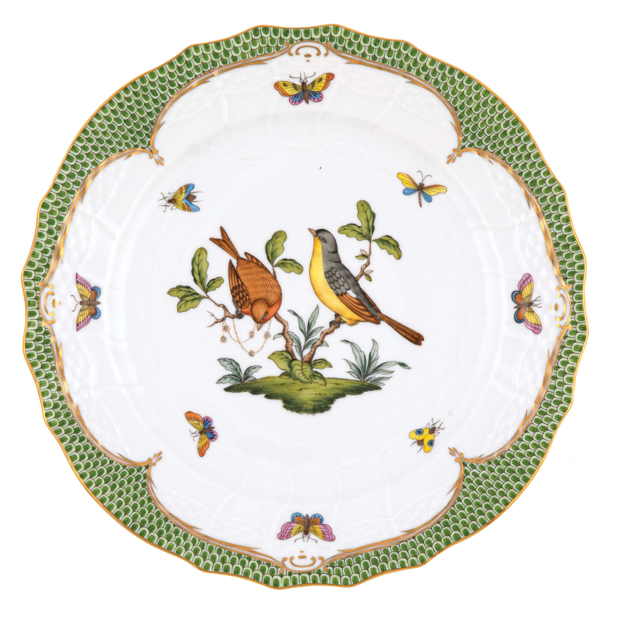 Hand-painted Herend Rothschild Bird Green Border Service Plate in fine porcelain, 11in D,, Motif 7, on a white background