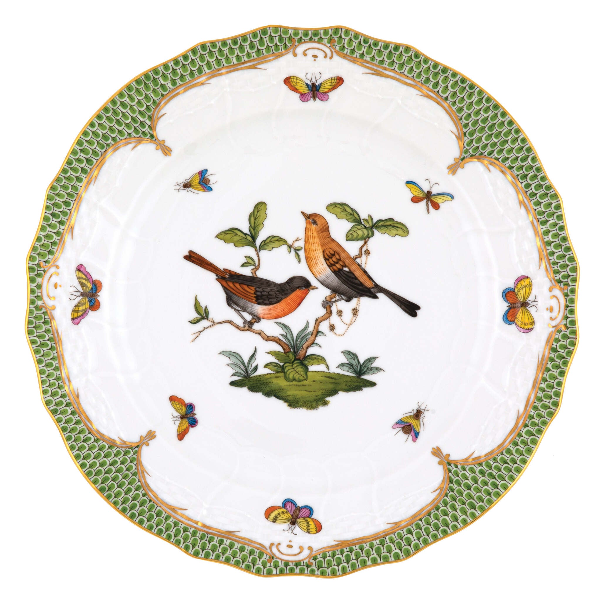 Hand-painted Herend Rothschild Bird Green Border Service Plate in fine porcelain, 11in D,, Motif 9, on a white background