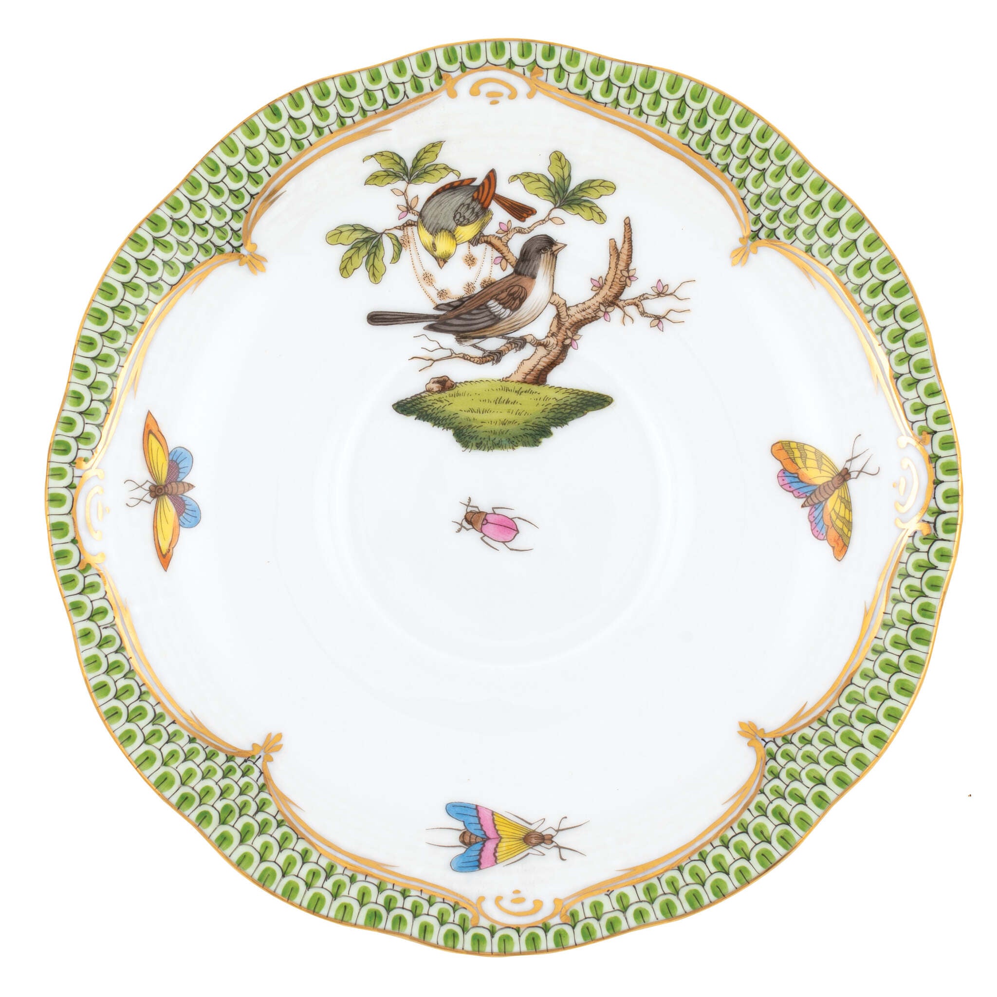 Hand-painted Herend Rothschild Bird Green Border Tea Saucer Cup & Saucer Set in fine porcelain, 6in D,, Motif 1, on a white background
