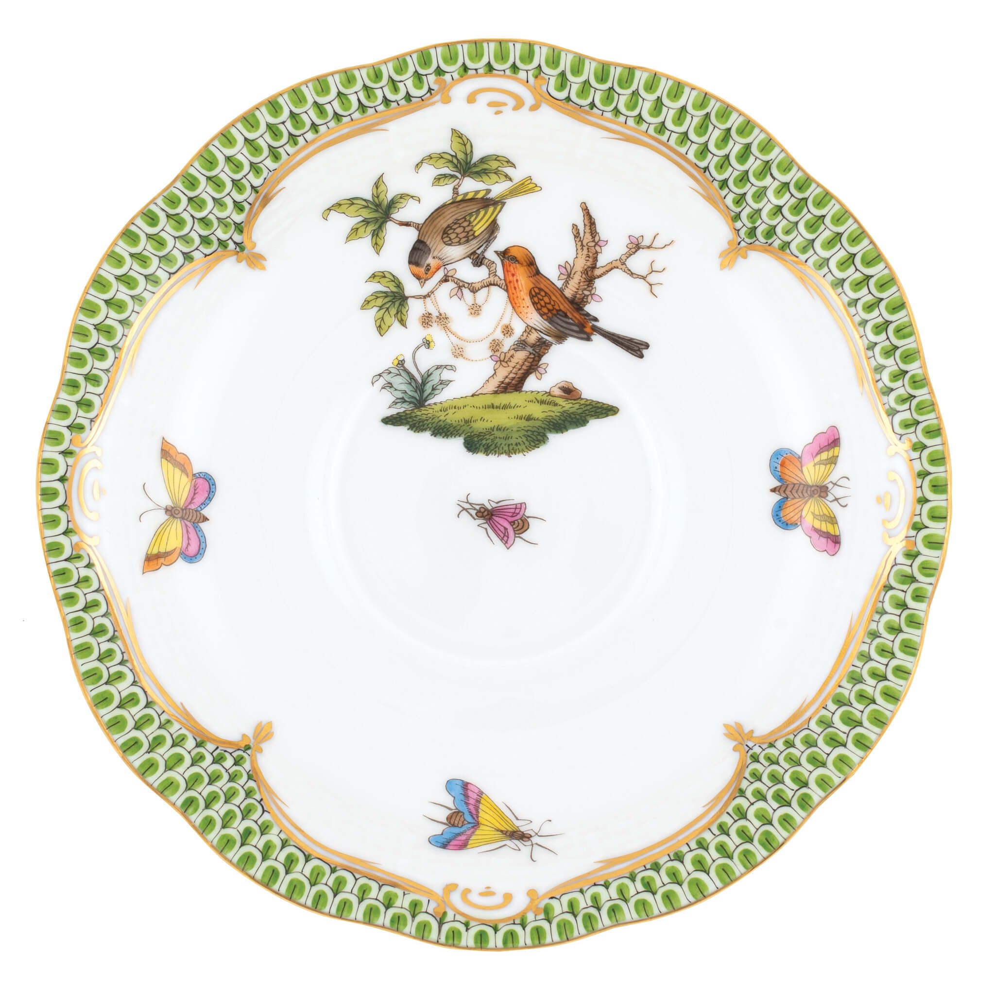 Hand-painted Herend Rothschild Bird Green Border Tea Saucer Cup & Saucer Set in fine porcelain, 6in D,, Motif 10, on a white background