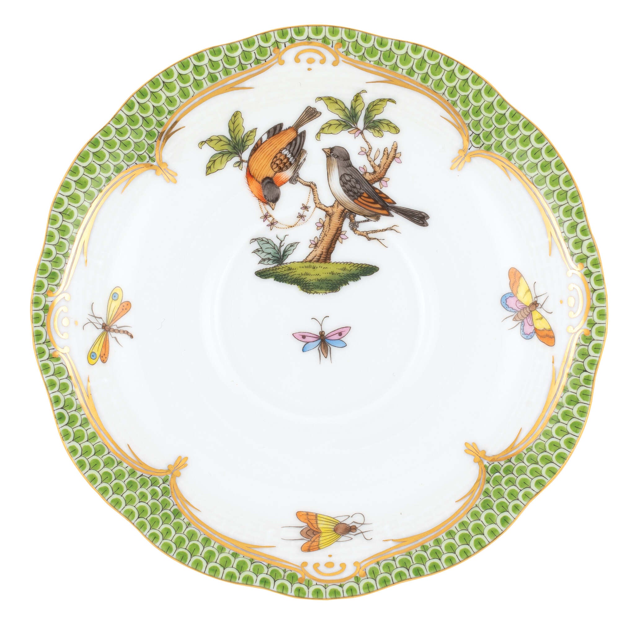 Hand-painted Herend Rothschild Bird Green Border Tea Saucer Cup & Saucer Set in fine porcelain, 6in D,, Motif 12, on a white background