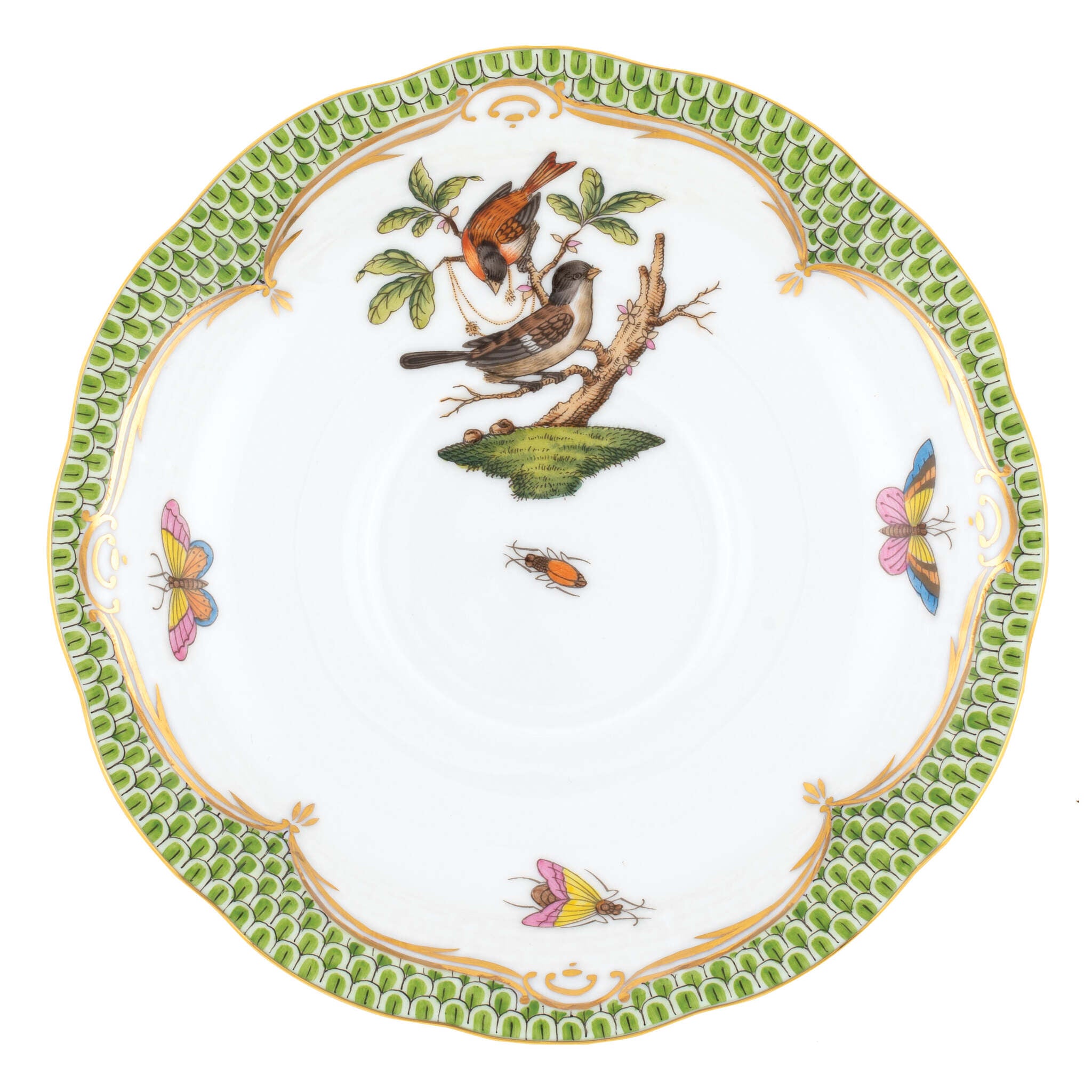 Hand-painted Herend Rothschild Bird Green Border Tea Saucer Cup & Saucer Set in fine porcelain, 6in D,, Motif 4, on a white background