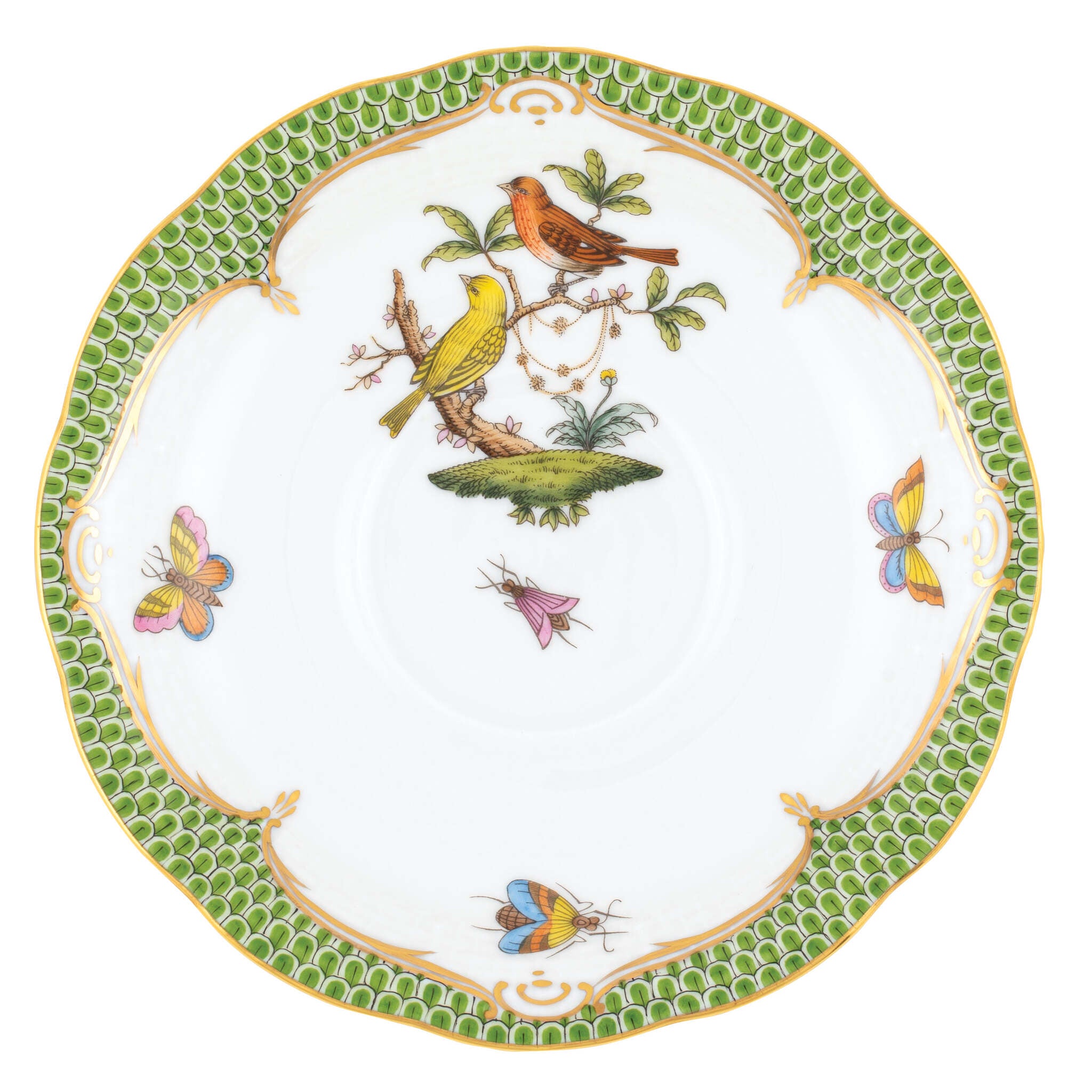 Hand-painted Herend Rothschild Bird Green Border Tea Saucer Cup & Saucer Set in fine porcelain, 6in D,, Motif 6, on a white background