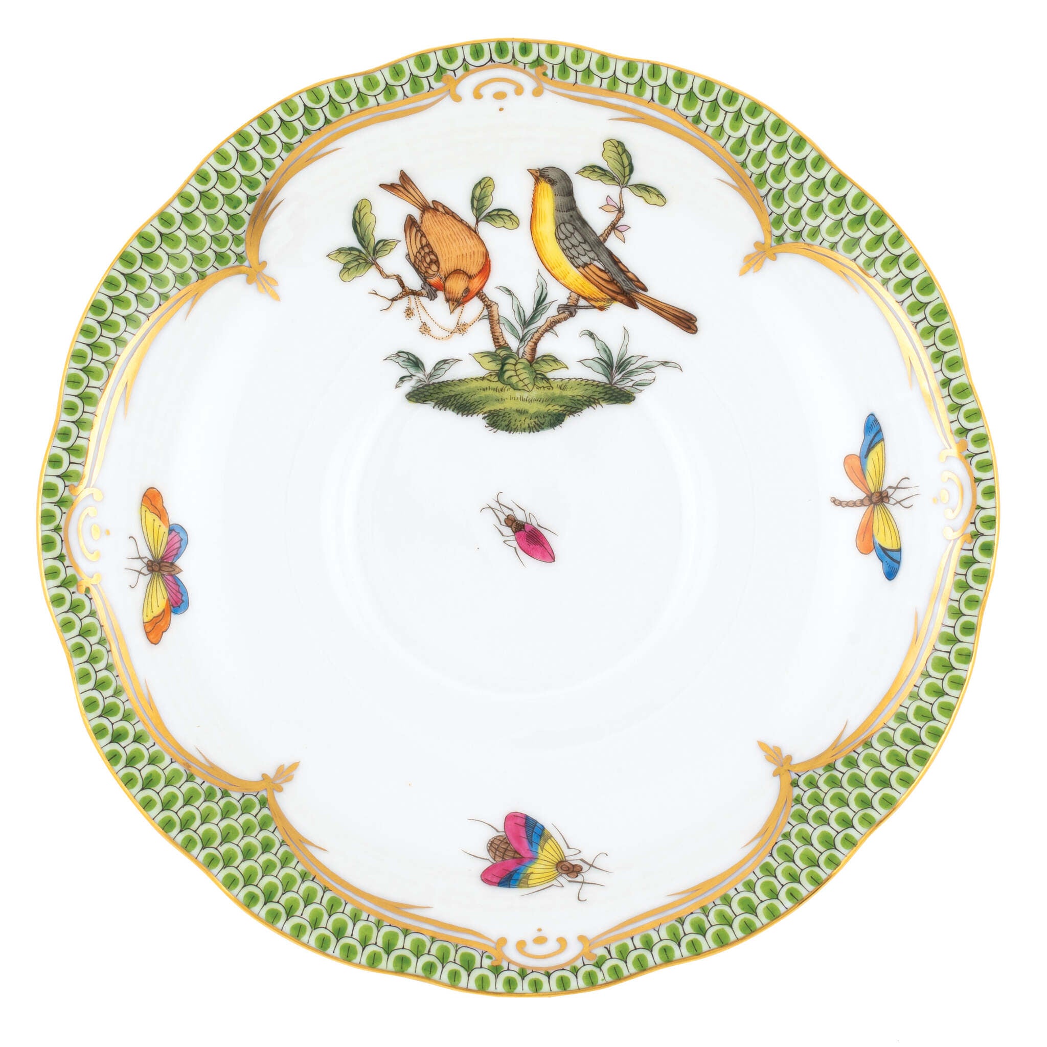 Hand-painted Herend Rothschild Bird Green Border Tea Saucer Cup & Saucer Set in fine porcelain, 6in D,, Motif 7, on a white background