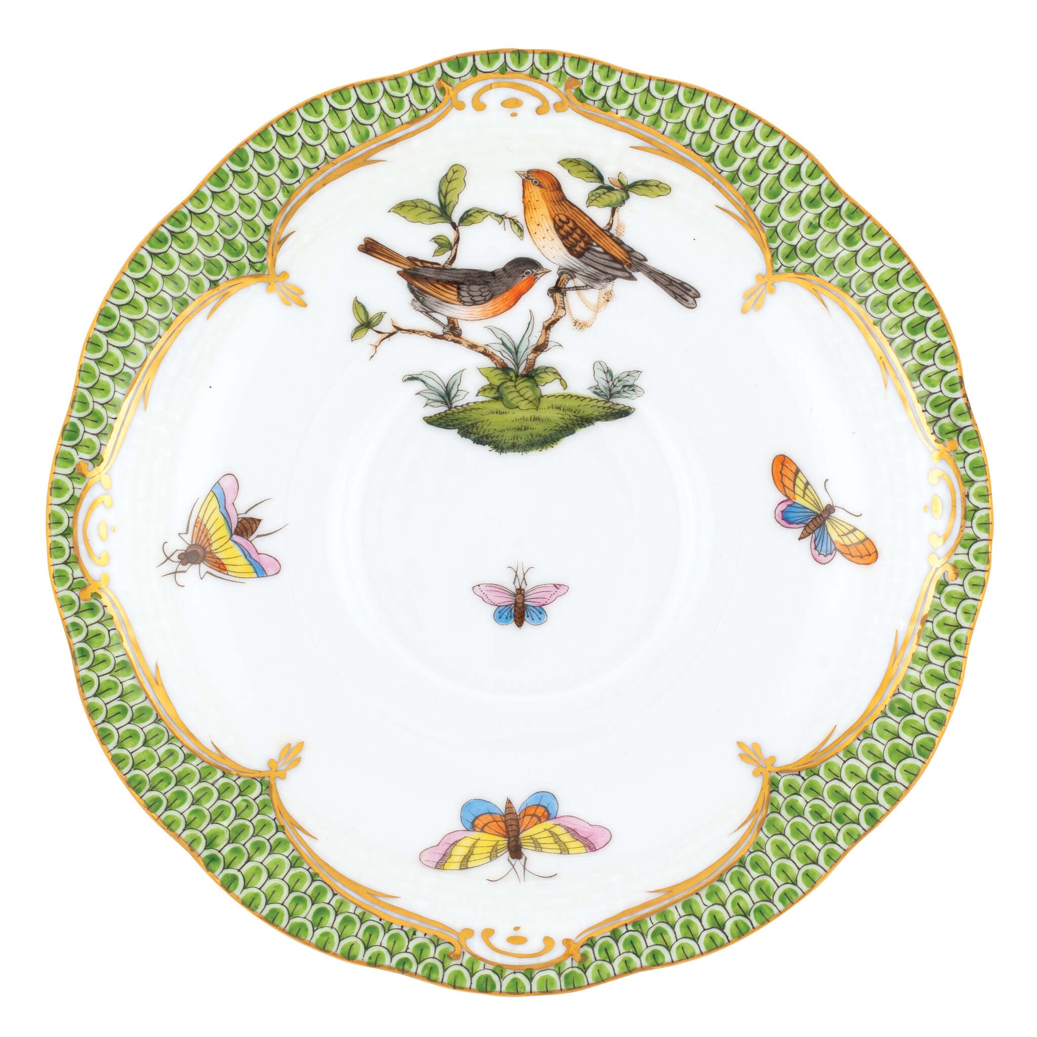Hand-painted Herend Rothschild Bird Green Border Tea Saucer Cup & Saucer Set in fine porcelain, 6in D,, Motif 9, on a white background