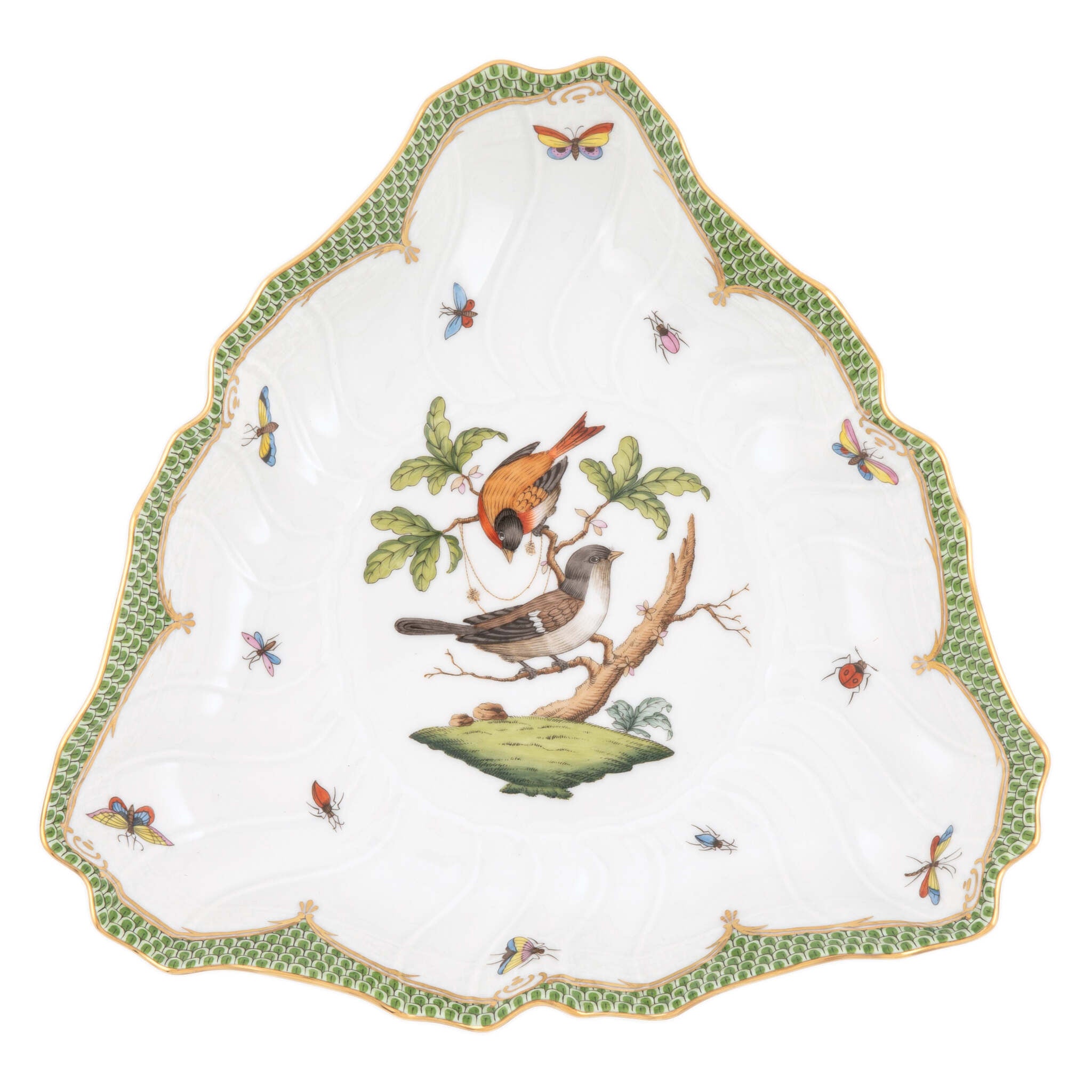 Hand-painted Herend Rothschild Bird Green Border Triangle Dish in fine porcelain, 9.5in L, on a white background