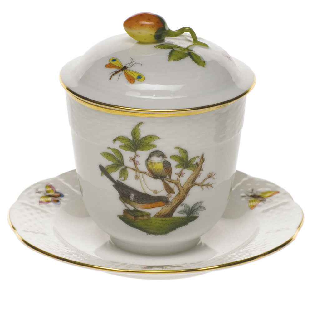 Hand-painted Herend Rothschild Bird Jam Jar with Berry Lid in fine porcelain, 4.5in H, on a white background