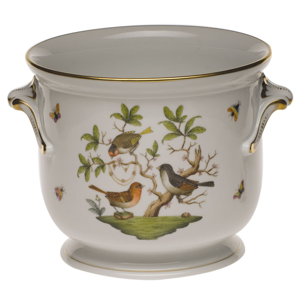 Hand-painted Herend Rothschild Bird Large Cachepot with Twist in fine porcelain, 8.25in H X 9.5in D, on a white background