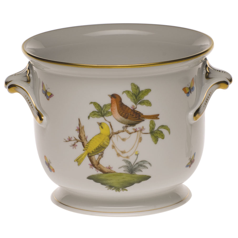 Hand-painted Herend Rothschild Bird Medium Cachepot in fine porcelain, 6.5in H X 7.75in D, on a white background