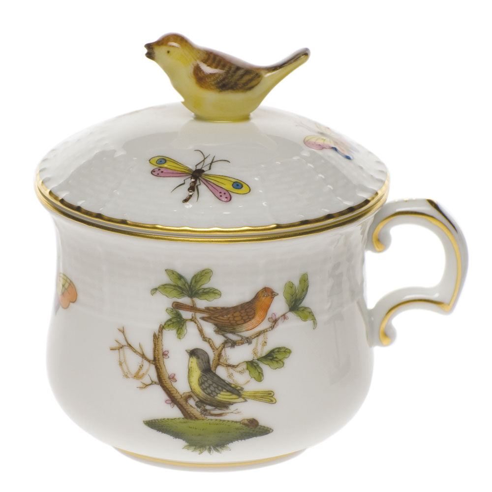 Hand-painted Herend Rothschild Bird Pot De Creme with Bird Bouillon Cup in fine porcelain, on a white background