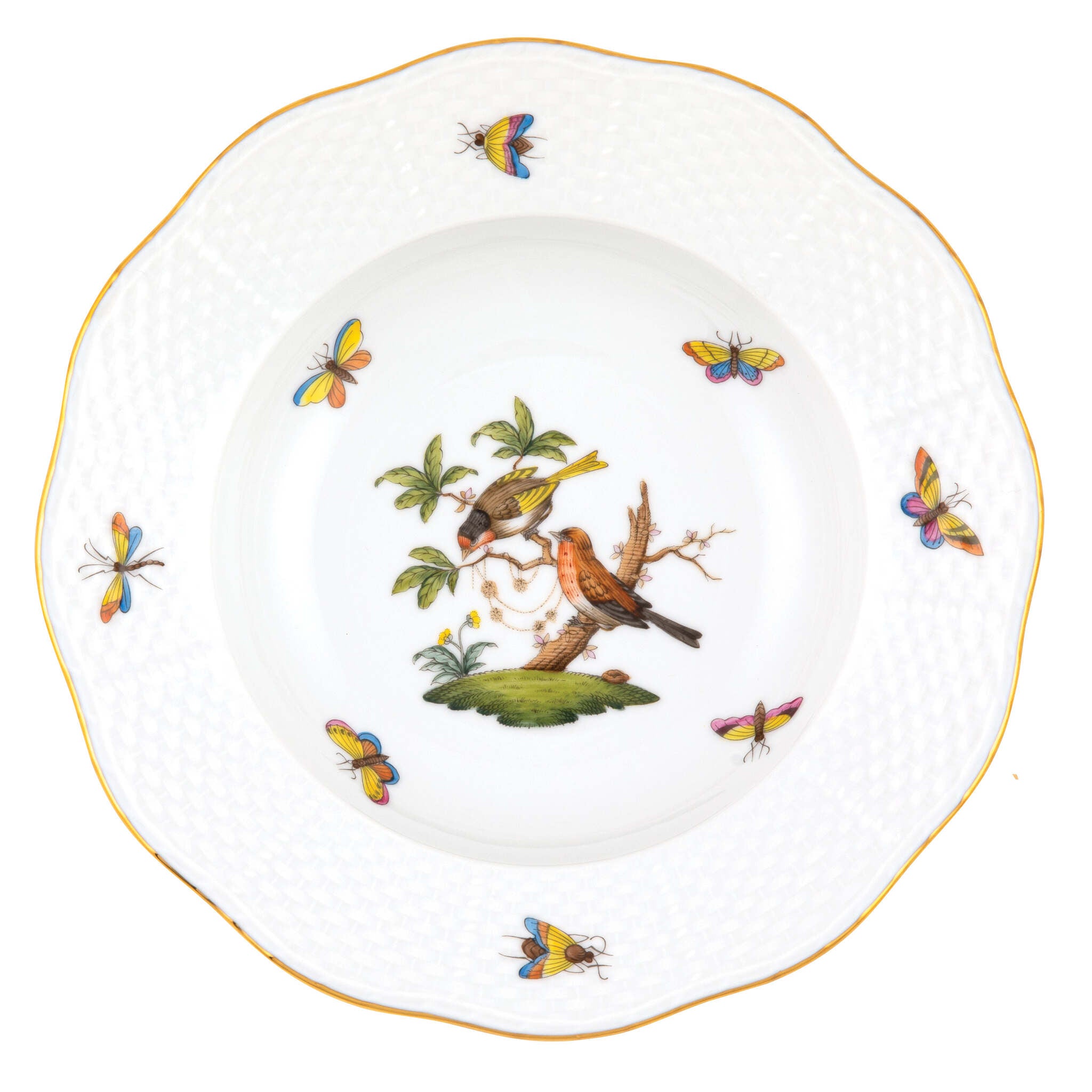 Hand-painted Herend Rothschild Bird Rim Soup Plate Soup Plates & Rimmed Soup Bowl in fine porcelain, 8in D,, Motif 10, on a white background