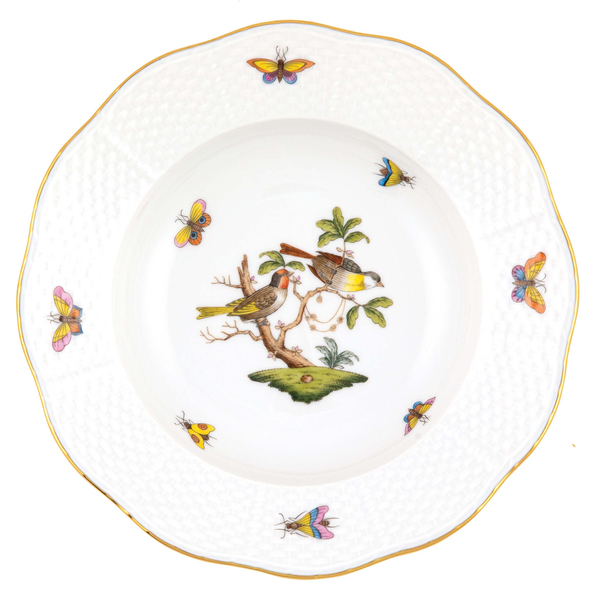 Hand-painted Herend Rothschild Bird Rim Soup Plate Soup Plates & Rimmed Soup Bowl in fine porcelain, 8in D,, Motif 11, on a white background