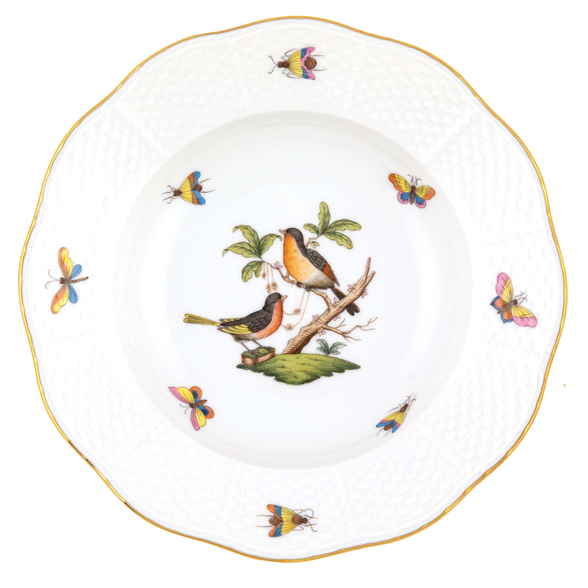 Hand-painted Herend Rothschild Bird Rim Soup Plate Soup Plates & Rimmed Soup Bowl in fine porcelain, 8in D,, Motif 8, on a white background