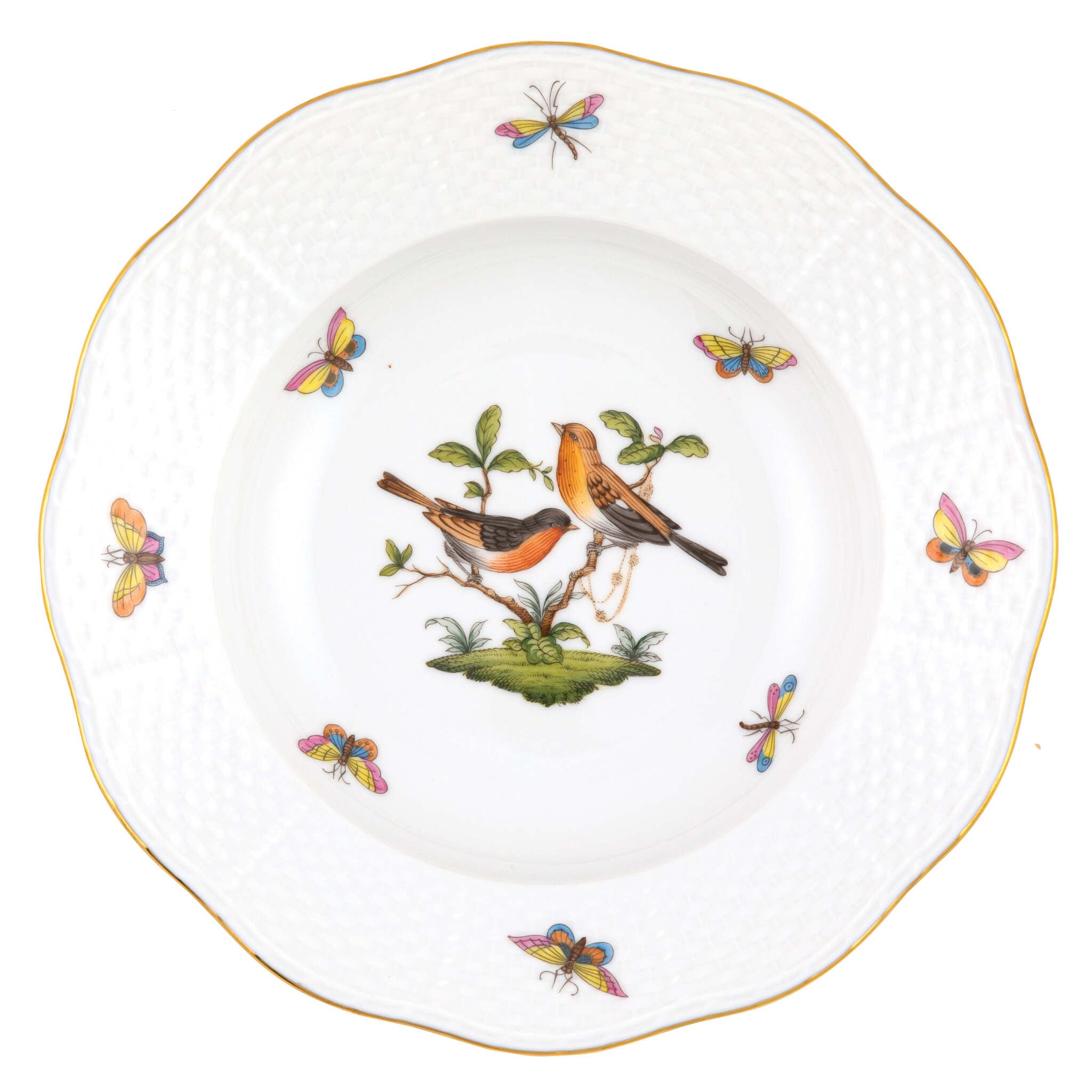 Hand-painted Herend Rothschild Bird Rim Soup Plate Soup Plates & Rimmed Soup Bowl in fine porcelain, 8in D,, Motif 9, on a white background