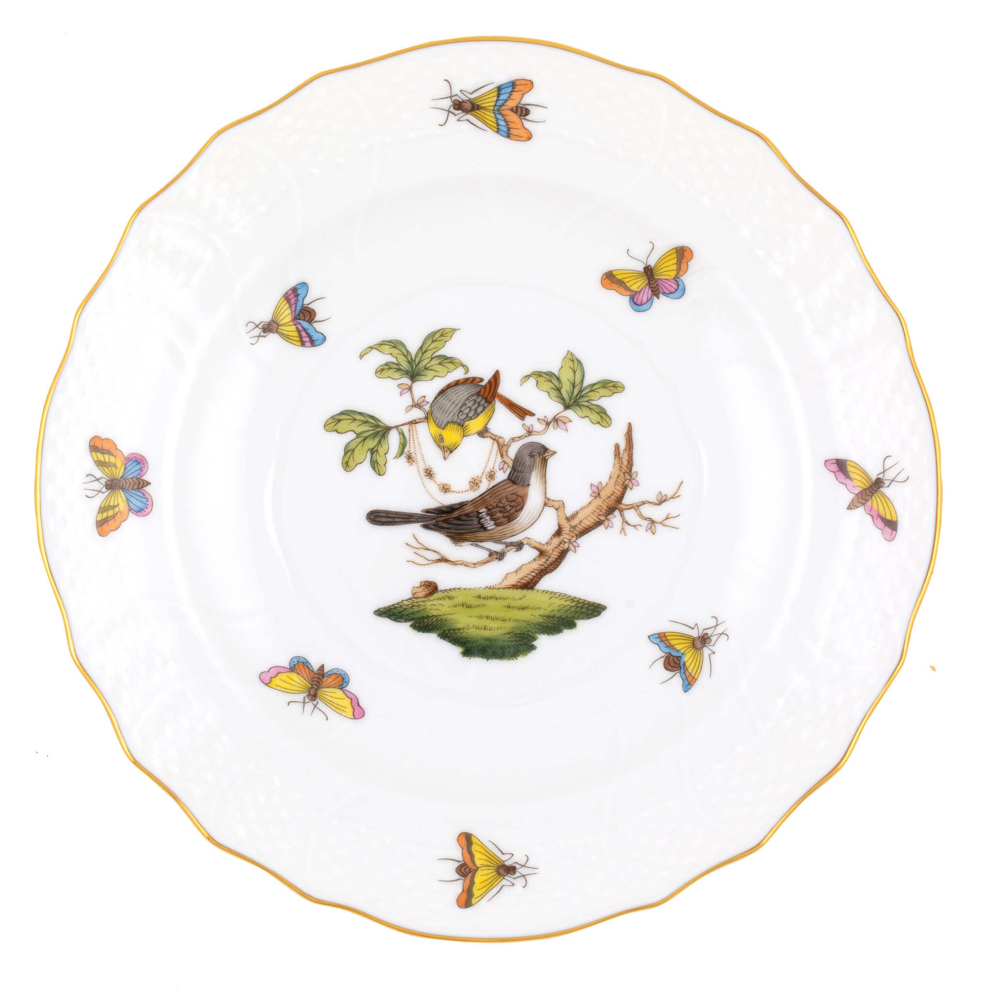 Hand-painted Herend Rothschild Bird Salad Plate in fine porcelain, 7.5in D,, Motif 1, on a white background