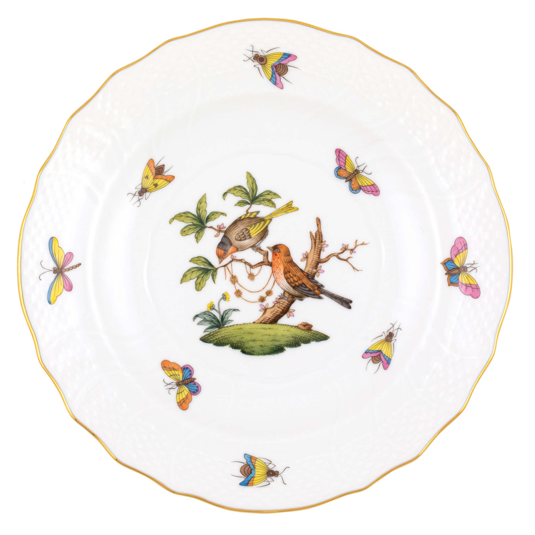 Hand-painted Herend Rothschild Bird Salad Plate in fine porcelain, 7.5in D,, Motif 10, on a white background