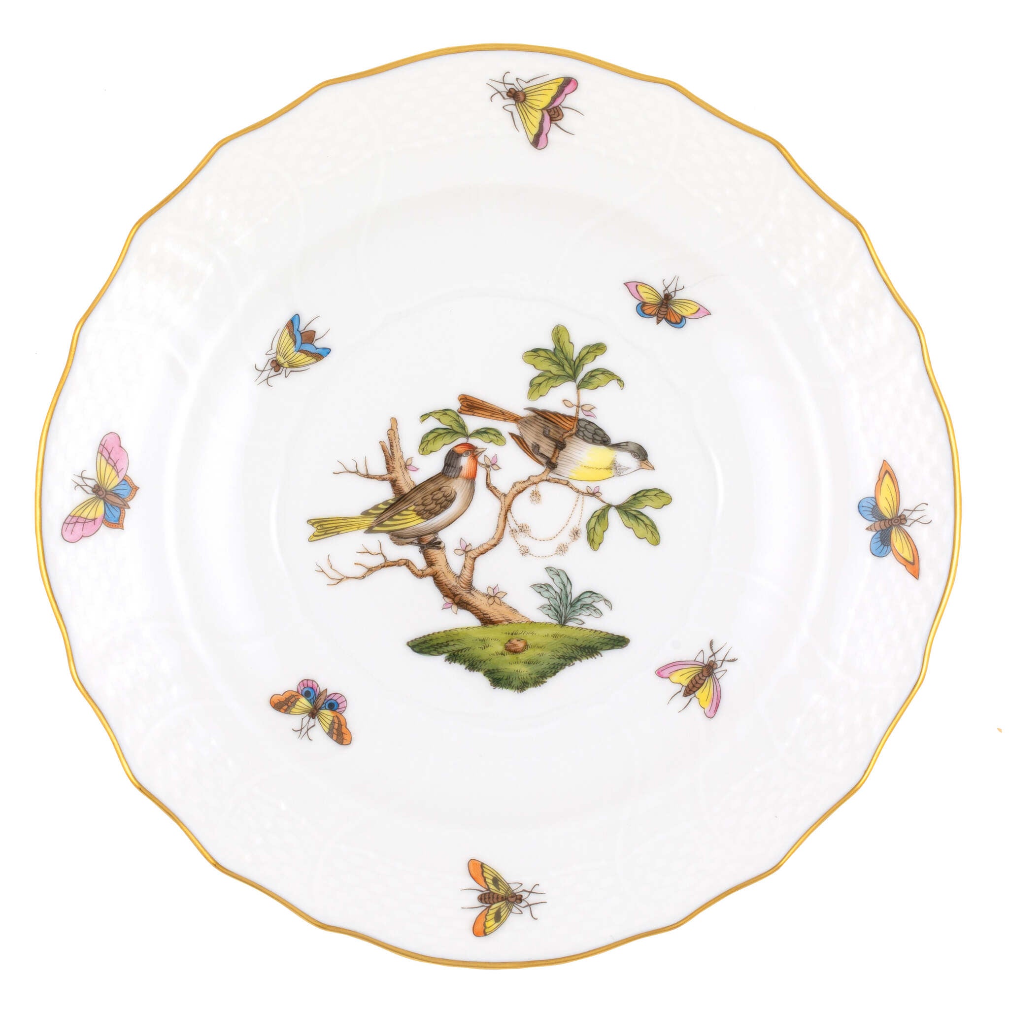 Hand-painted Herend Rothschild Bird Salad Plate in fine porcelain, 7.5in D,, Motif 11, on a white background