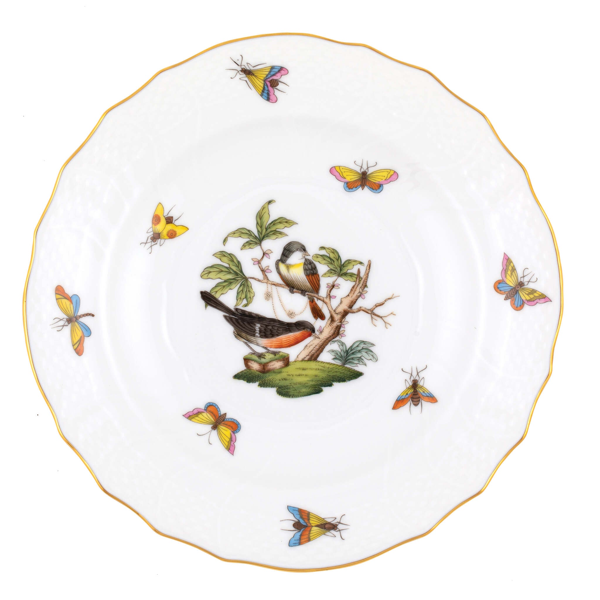 Hand-painted Herend Rothschild Bird Salad Plate in fine porcelain, 7.5in D,, Motif 2, on a white background