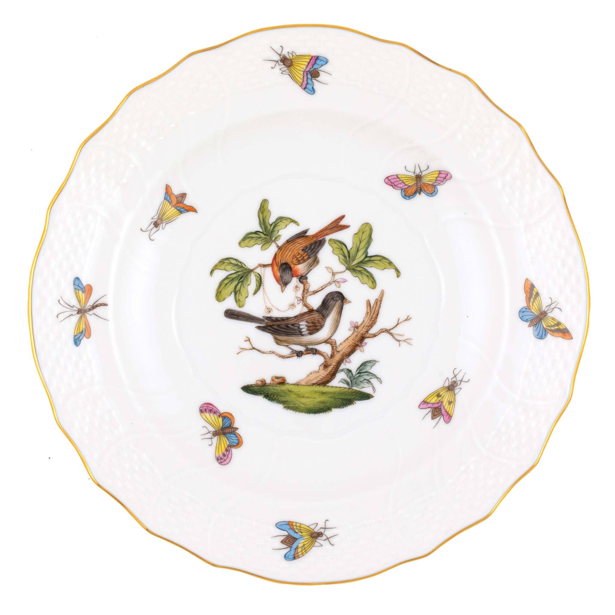 Hand-painted Herend Rothschild Bird Salad Plate in fine porcelain, 7.5in D,, Motif 4, on a white background