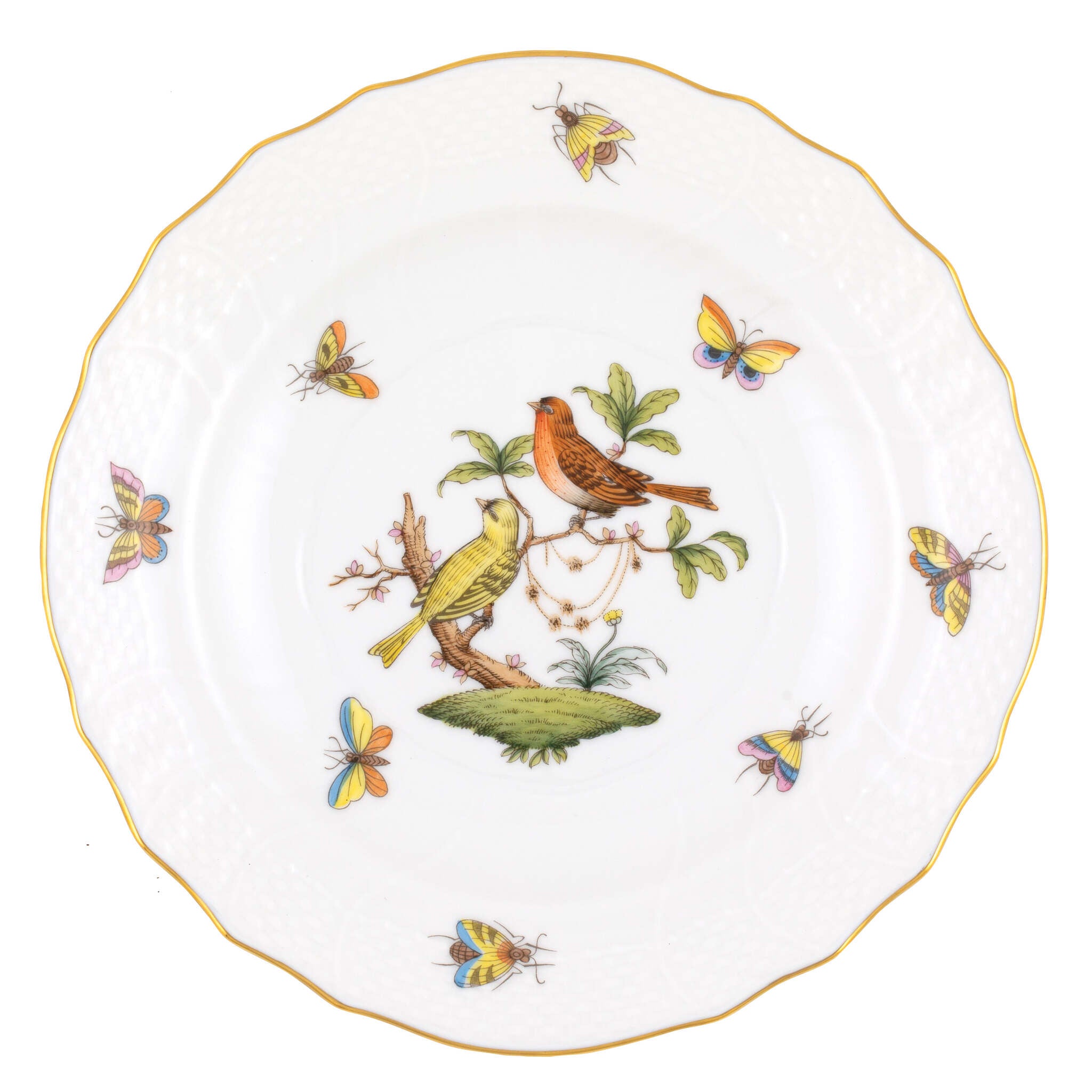 Hand-painted Herend Rothschild Bird Salad Plate in fine porcelain, 7.5in D,, Motif 6, on a white background