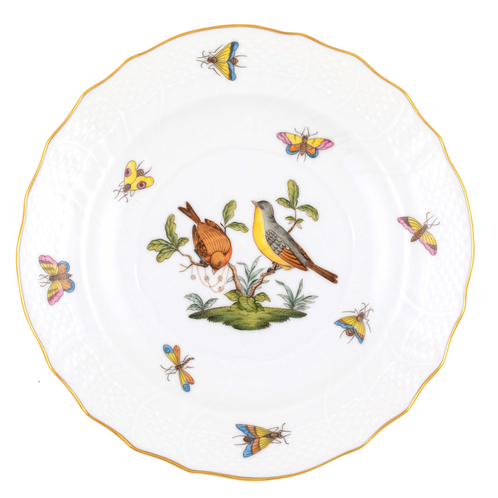Hand-painted Herend Rothschild Bird Salad Plate in fine porcelain, 7.5in D,, Motif 7, on a white background