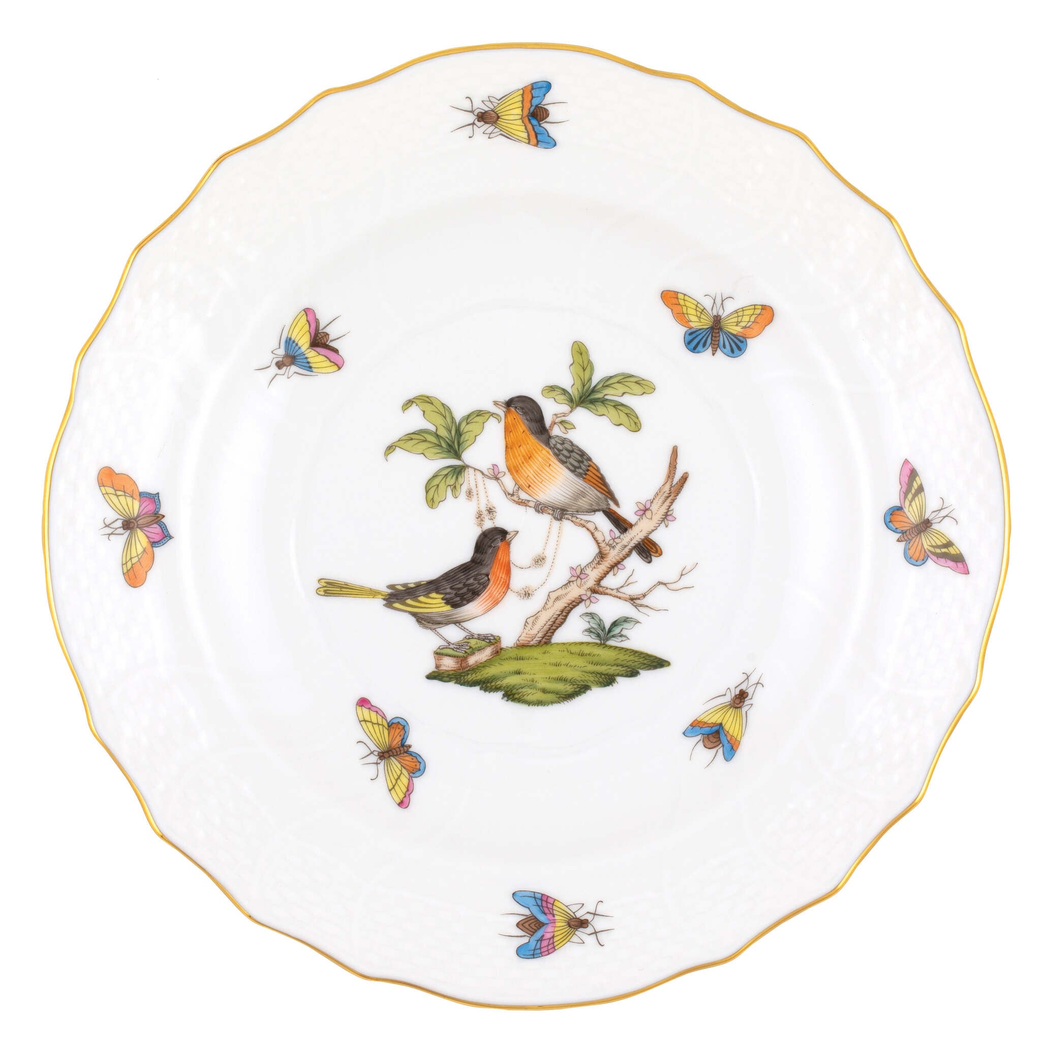 Hand-painted Herend Rothschild Bird Salad Plate in fine porcelain, 7.5in D,, Motif 8, on a white background
