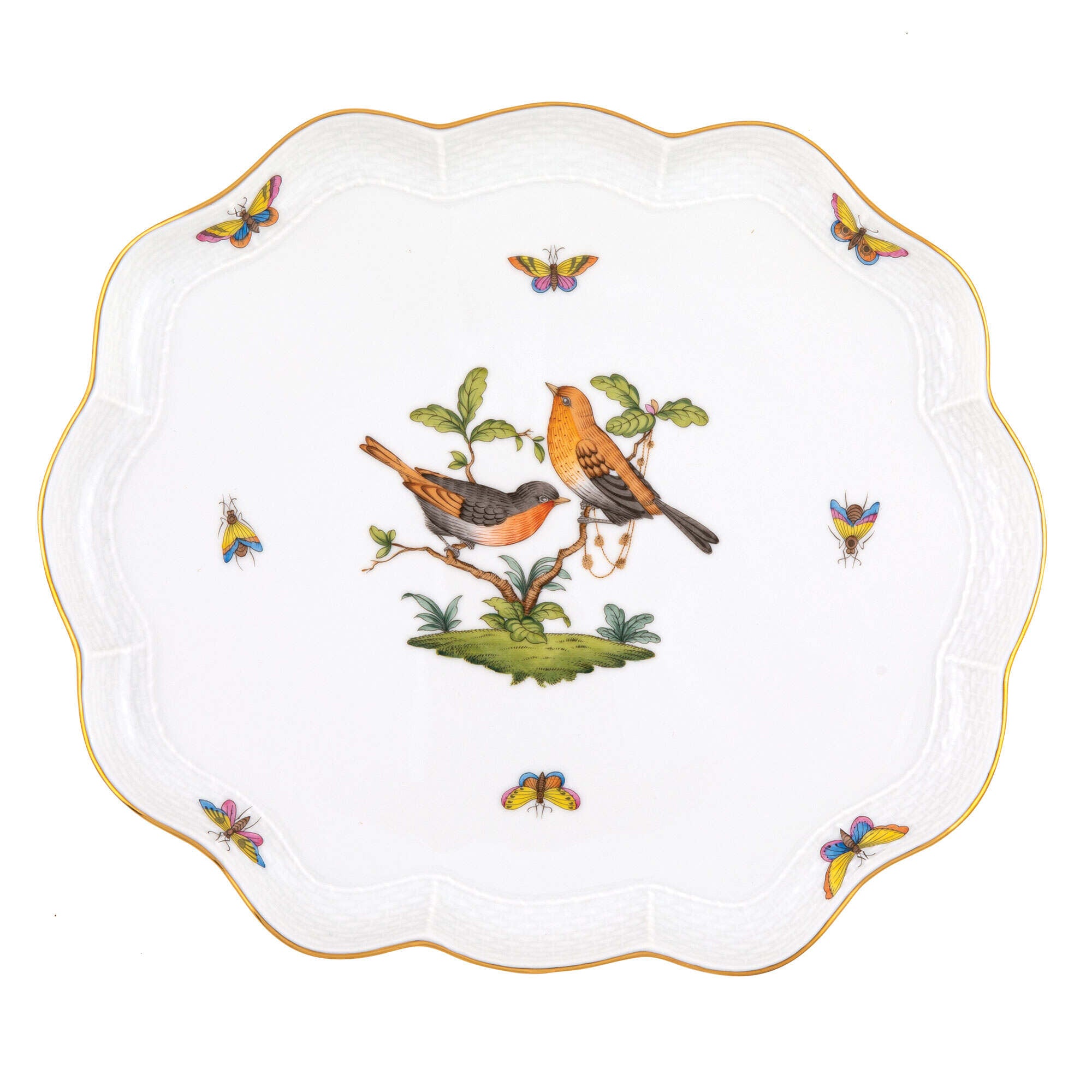 Hand-painted Herend Rothschild Bird Scallop Tray in fine porcelain, 11.25in L X 9.5in W, on a white background
