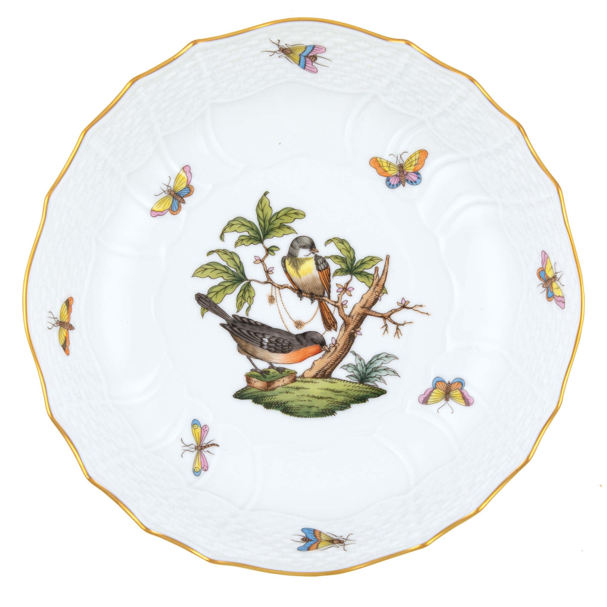 Hand-painted Herend Rothschild Bird Scalloped Dinner Bowl in fine porcelain, 8in D X 2in H, on a white background