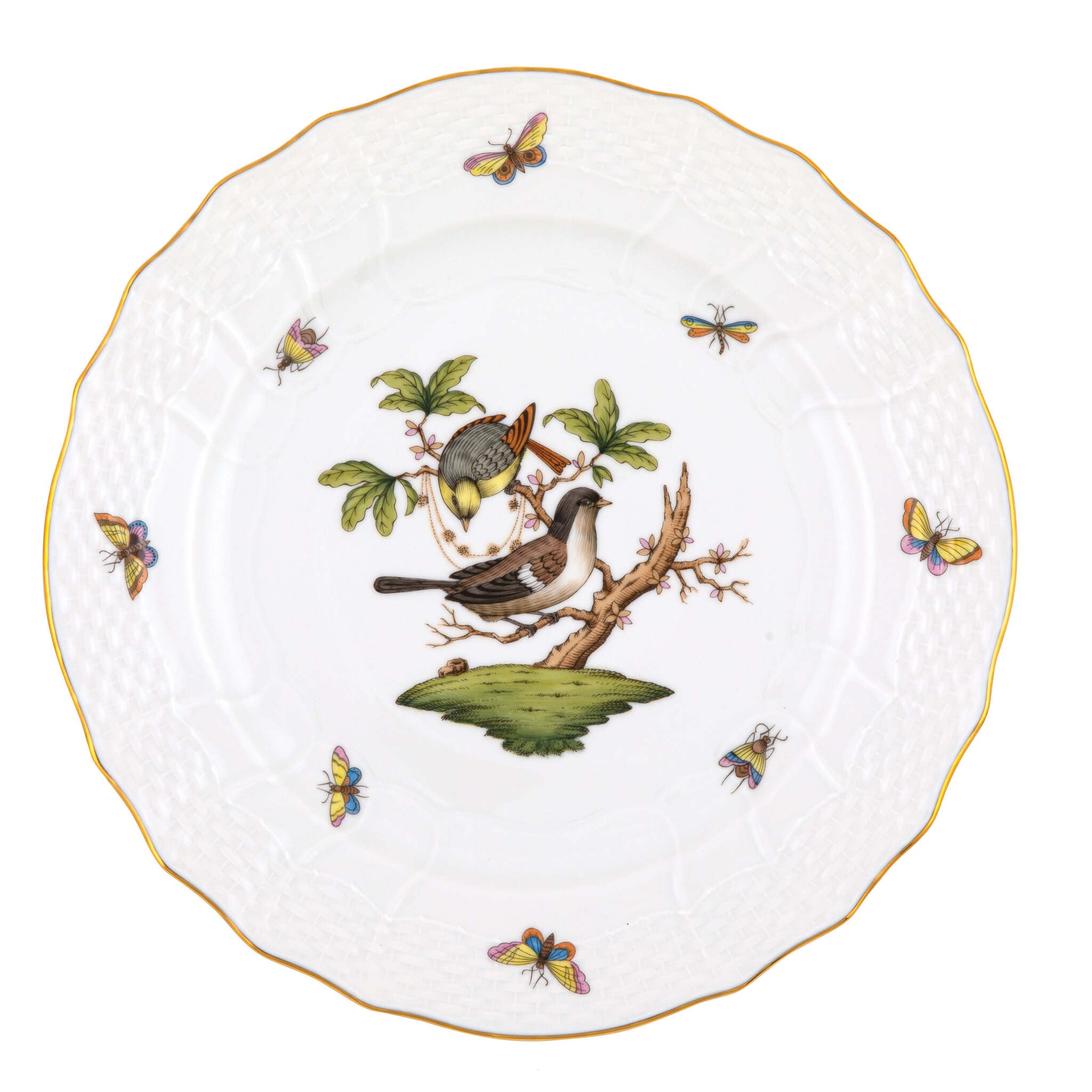 Hand-painted Herend Rothschild Bird Service Plate in fine porcelain, 11in D,, Motif 1, on a white background