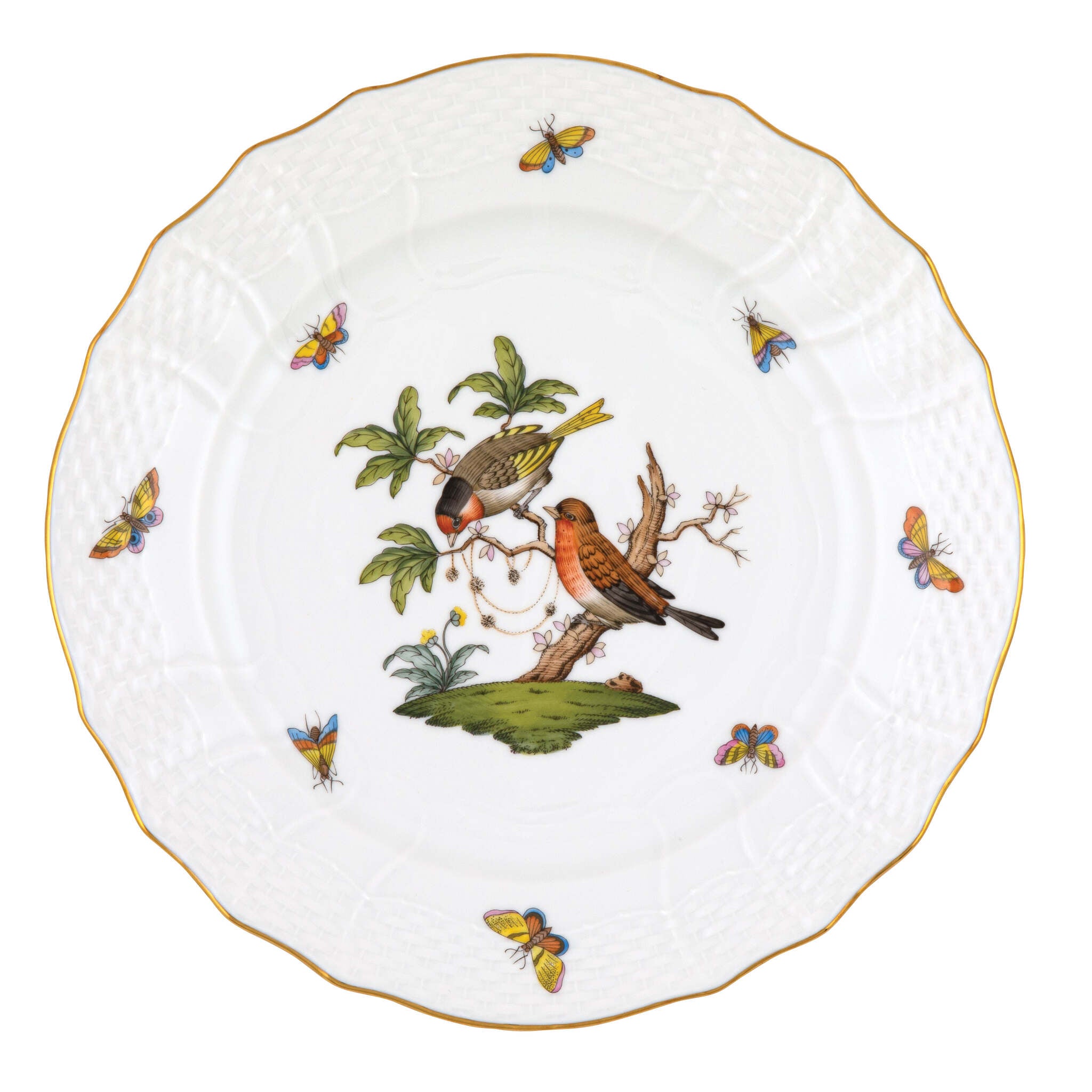Hand-painted Herend Rothschild Bird Service Plate in fine porcelain, 11in D,, Motif 10, on a white background