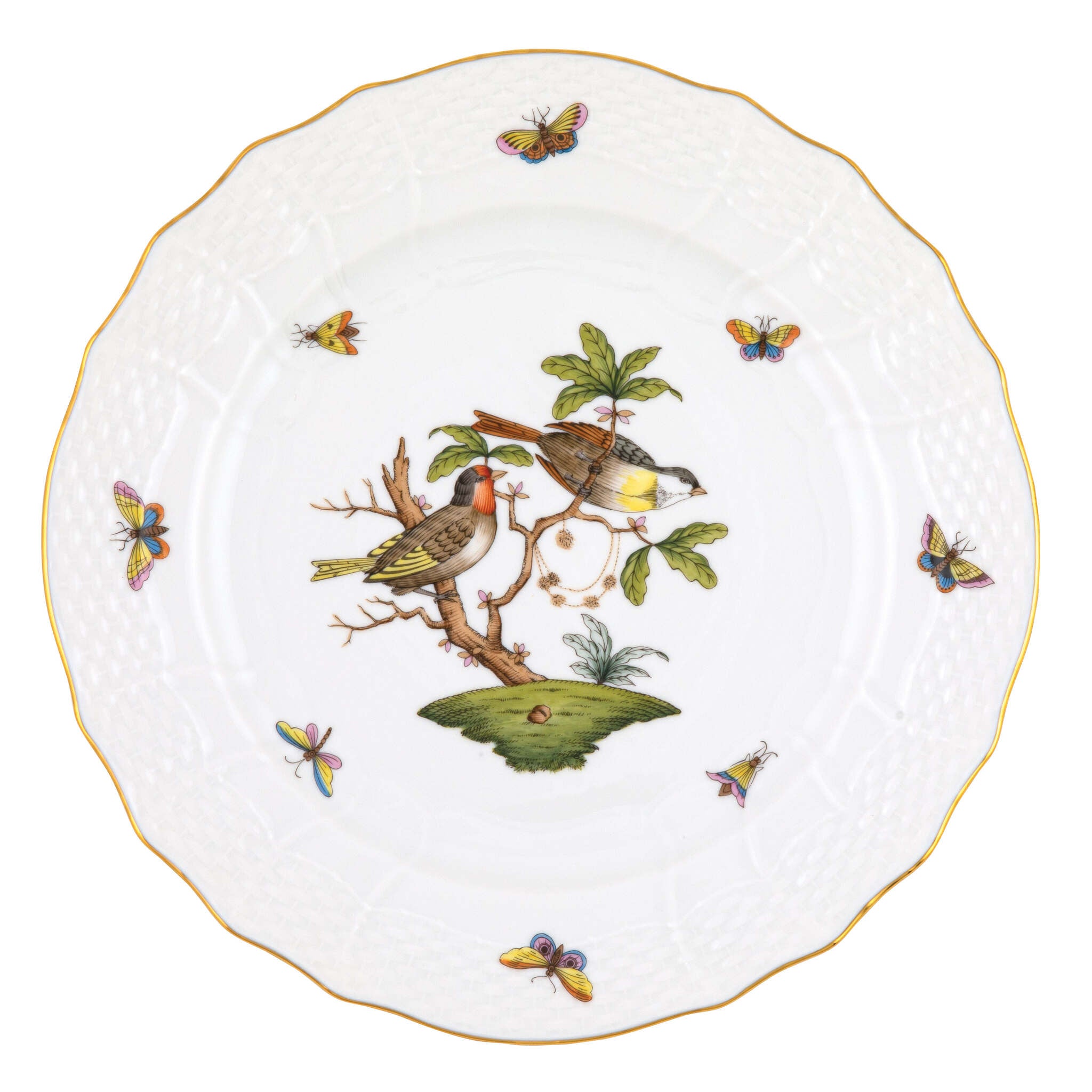 Hand-painted Herend Rothschild Bird Service Plate in fine porcelain, 11in D,, Motif 11, on a white background