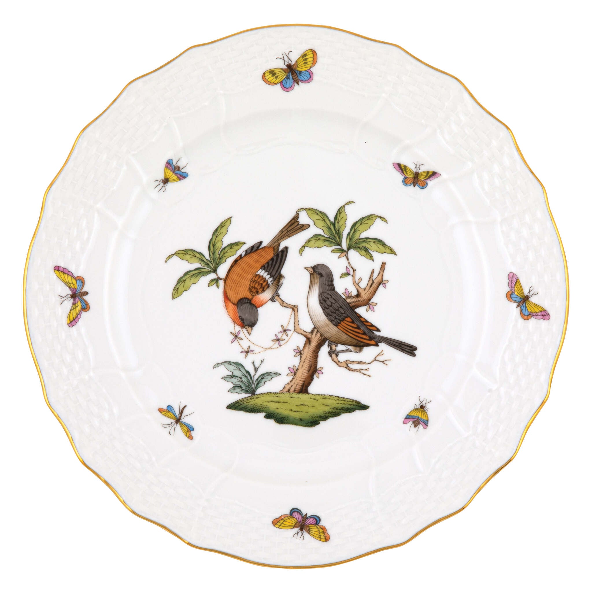 Hand-painted Herend Rothschild Bird Service Plate in fine porcelain, 11in D,, Motif 12, on a white background