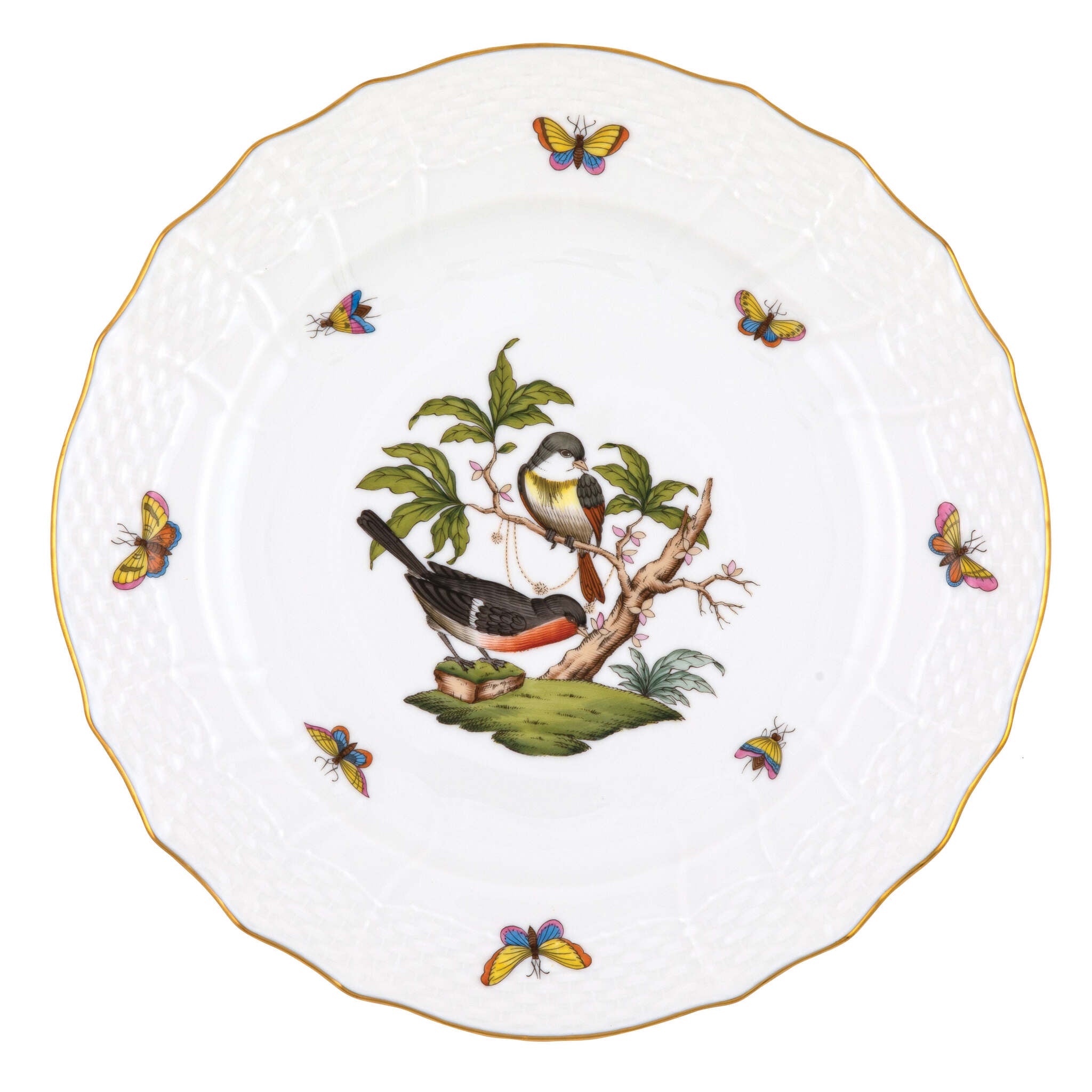 Hand-painted Herend Rothschild Bird Service Plate in fine porcelain, 11in D,, Motif 2, on a white background