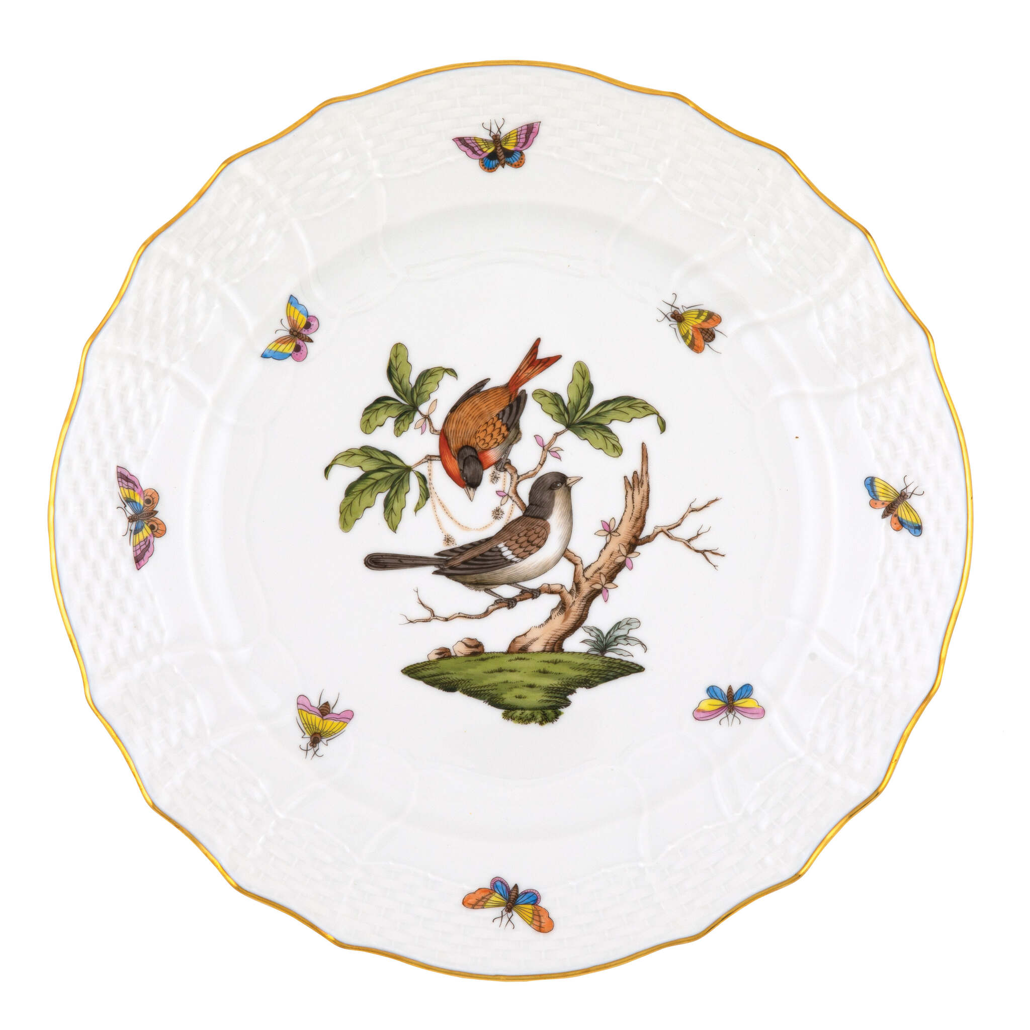 Hand-painted Herend Rothschild Bird Service Plate in fine porcelain, 11in D,, Motif 4, on a white background