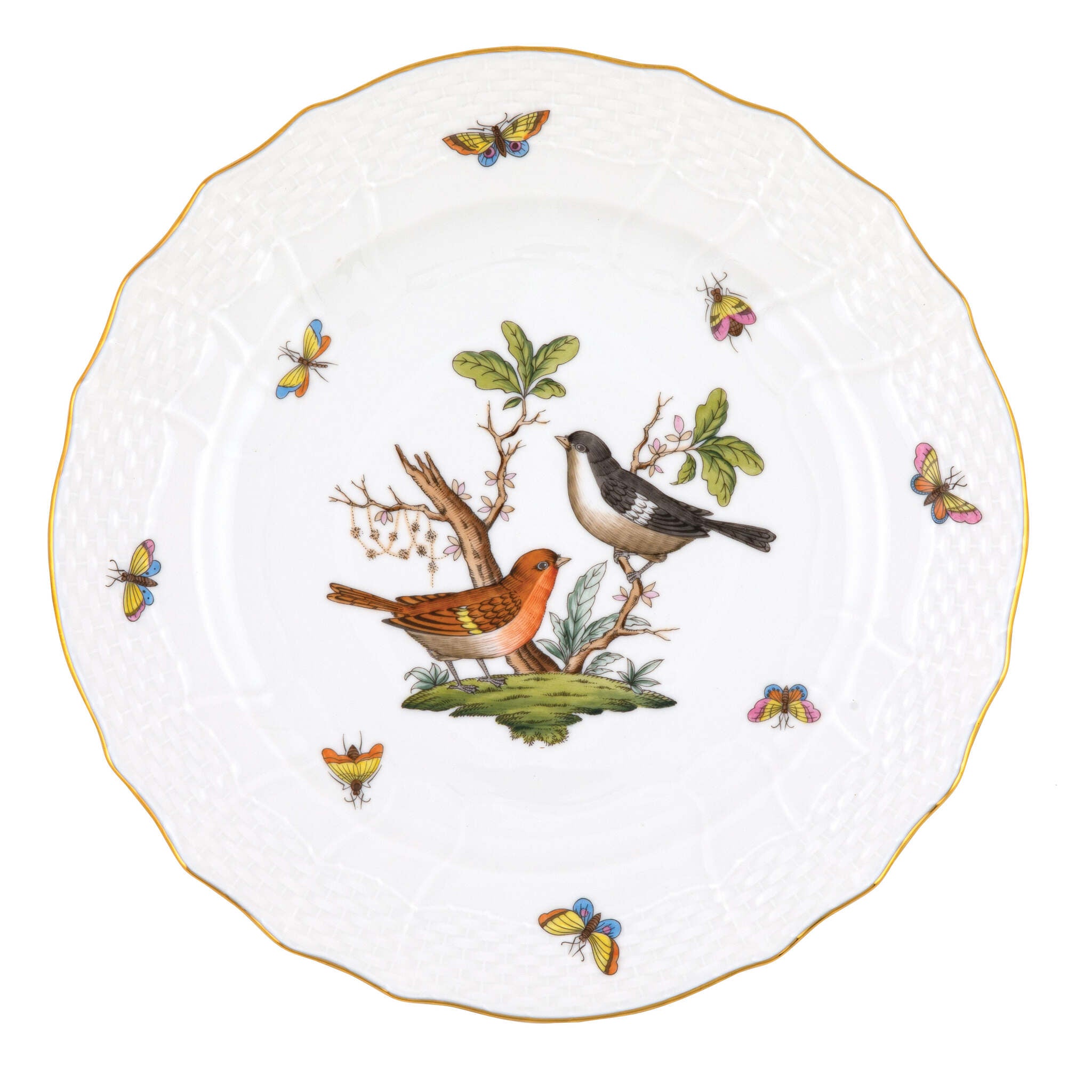 Hand-painted Herend Rothschild Bird Service Plate in fine porcelain, 11in D,, Motif 5, on a white background