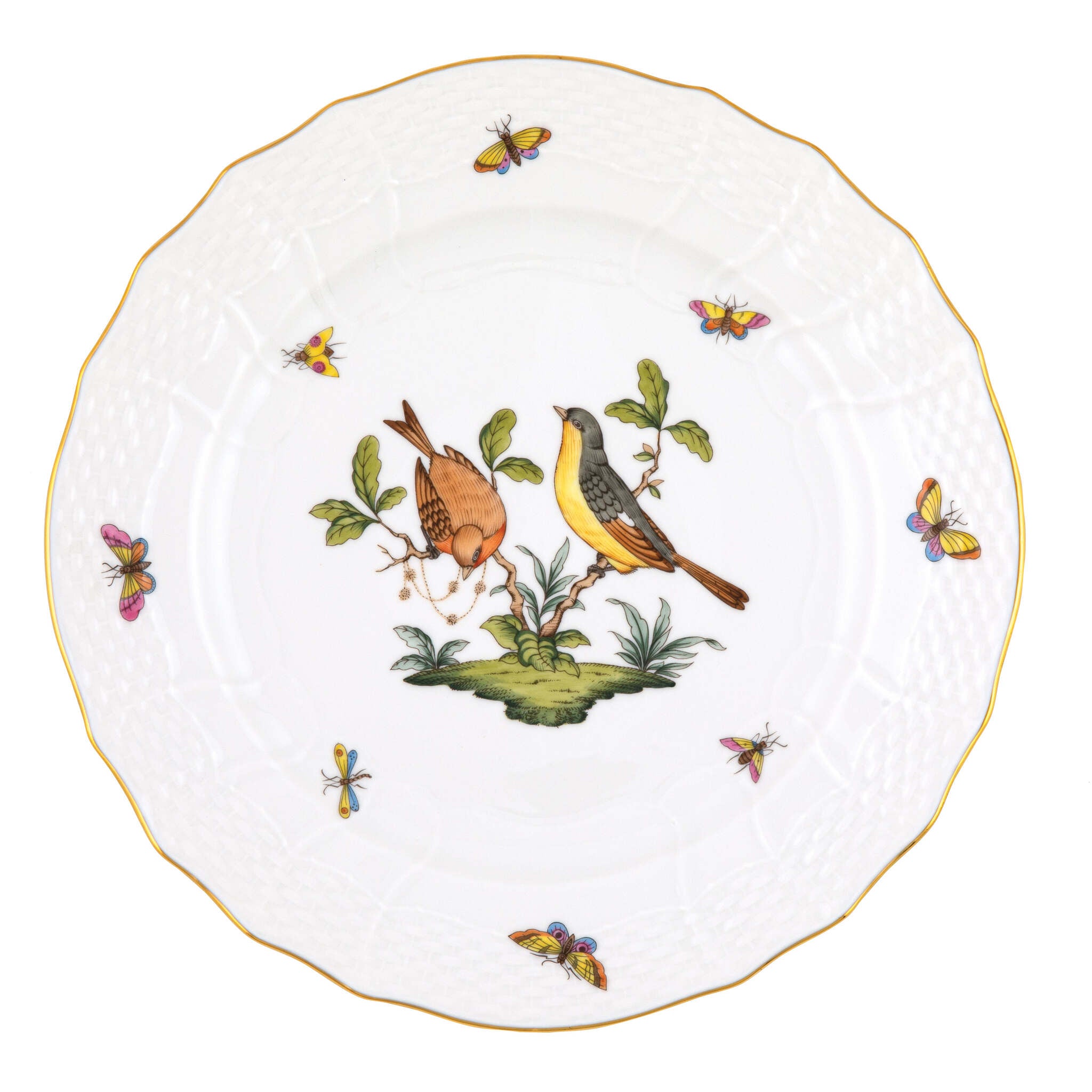 Hand-painted Herend Rothschild Bird Service Plate in fine porcelain, 11in D,, Motif 7, on a white background