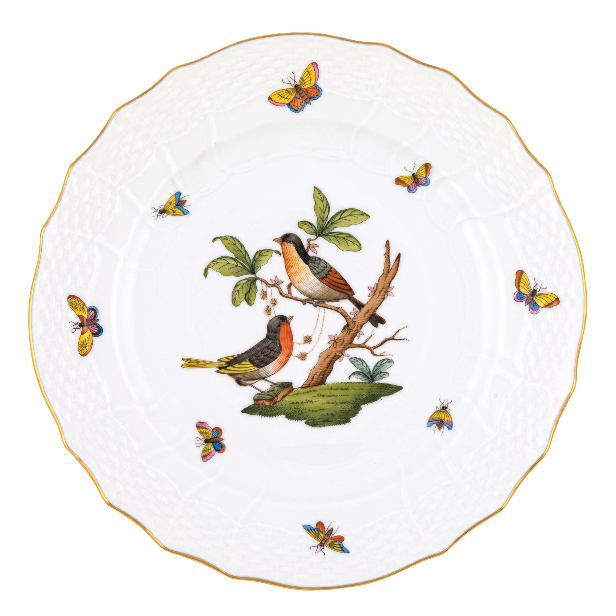 Hand-painted Herend Rothschild Bird Service Plate in fine porcelain, 11in D,, Motif 8, on a white background