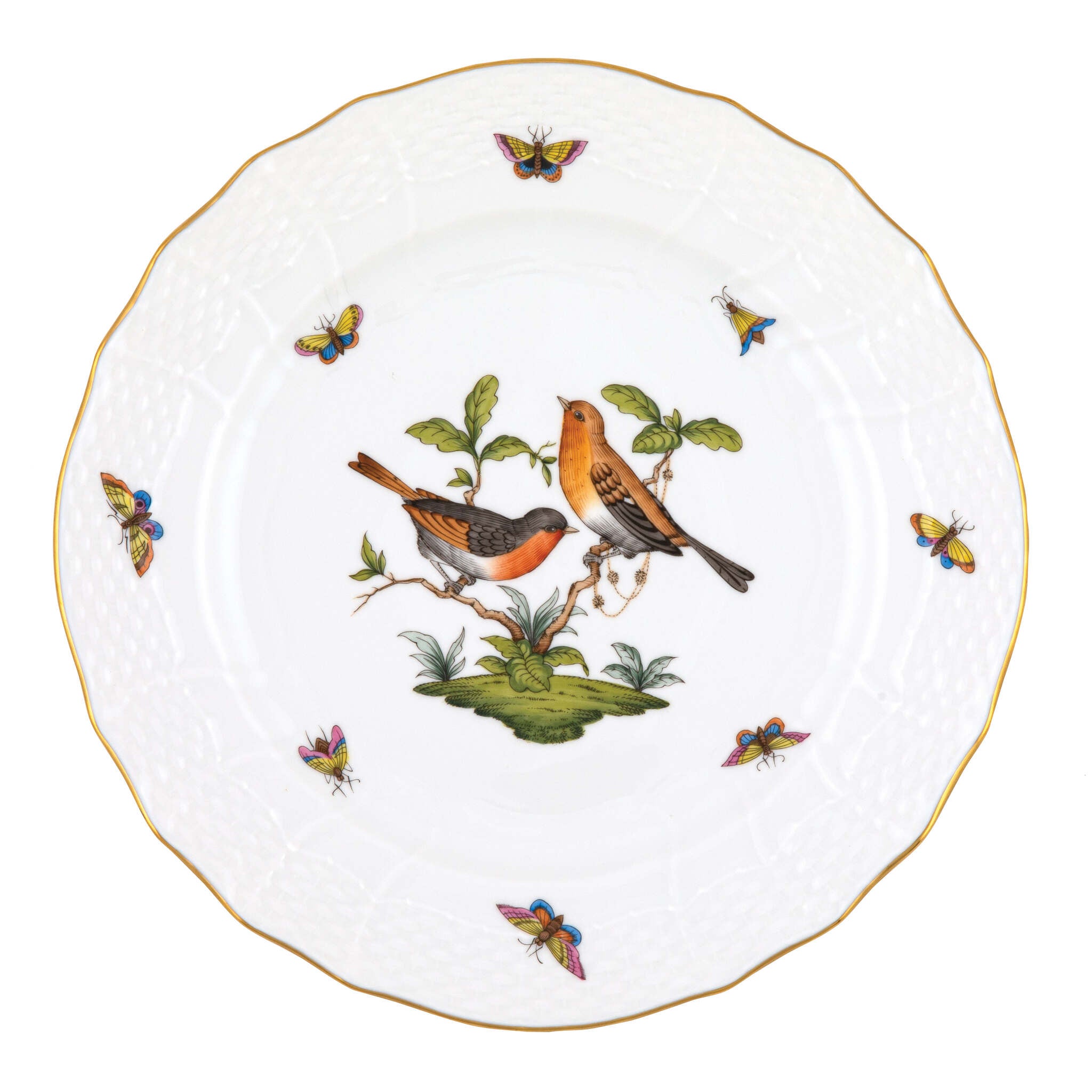 Hand-painted Herend Rothschild Bird Service Plate in fine porcelain, 11in D,, Motif 9, on a white background