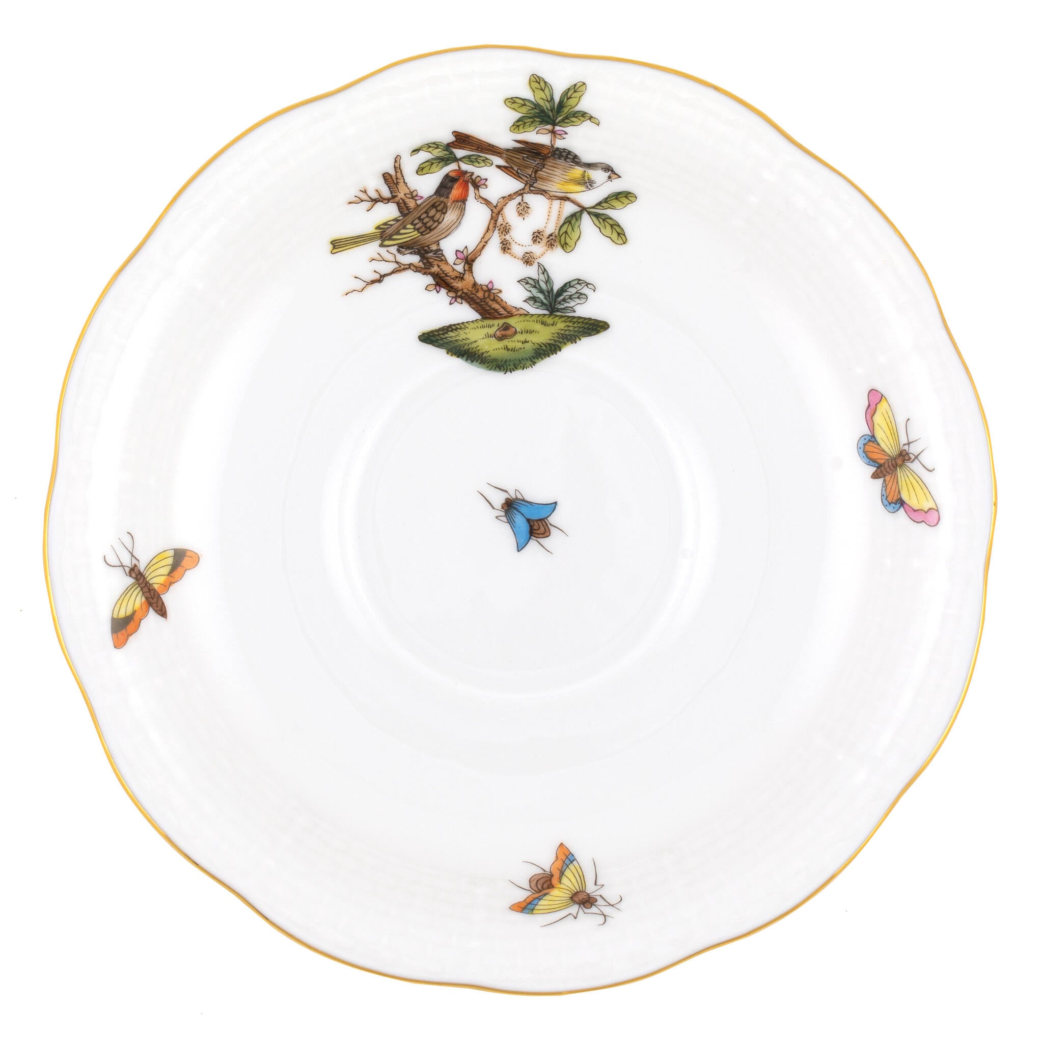 Hand-painted Herend Rothschild Bird Tea Saucer Cup & Saucer Set in fine porcelain, 6in D,, Motif 11, on a white background