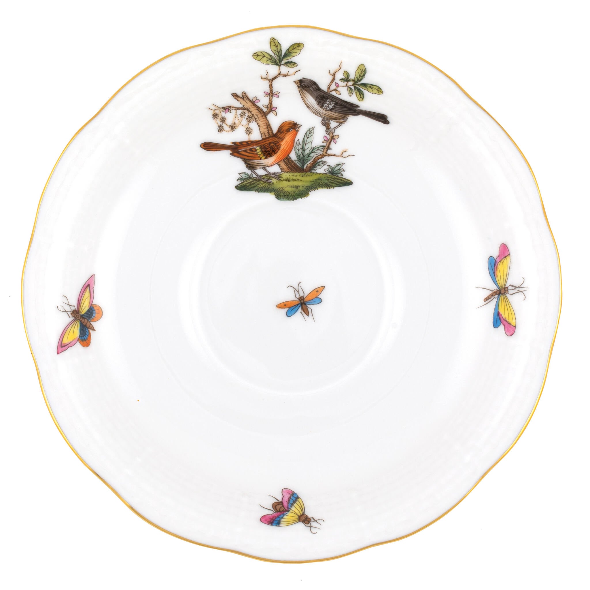 Hand-painted Herend Rothschild Bird Tea Saucer Cup & Saucer Set in fine porcelain, 6in D,, Motif 5, on a white background