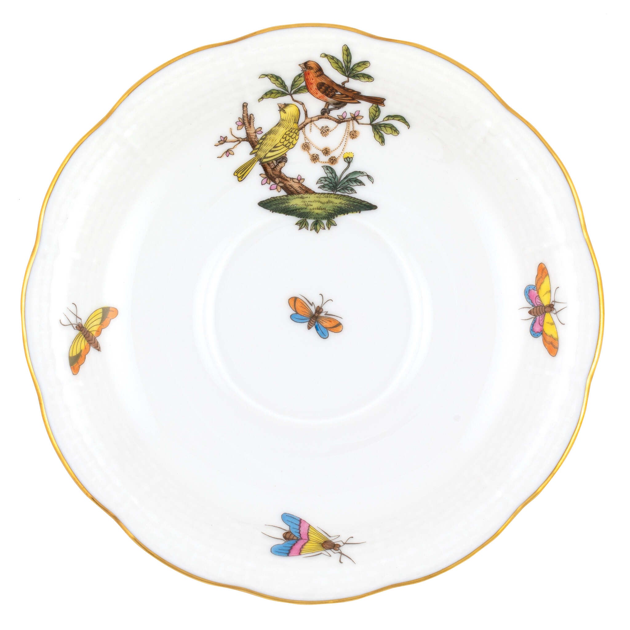 Hand-painted Herend Rothschild Bird Tea Saucer Cup & Saucer Set in fine porcelain, 6in D,, Motif 6, on a white background